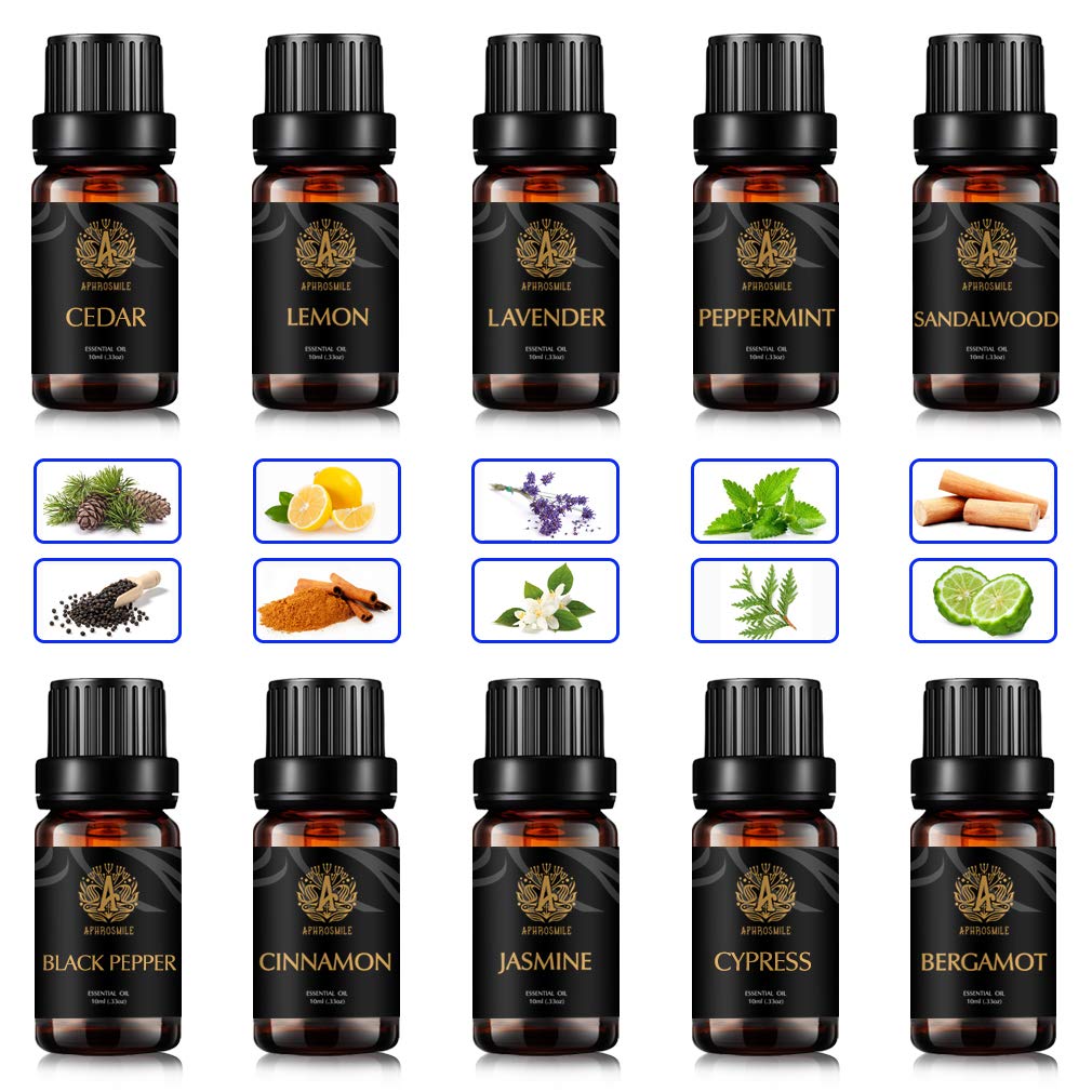 Aromatherapie schwarzer Pfeffer ätherisches Öl Set für Diffusor, 100% reine Zeder ätherisches Öl Kit für Hause, 10x10ml Zimt ätherische Öle Set-Zypresse, Jasmin, Sandelholz Öle...