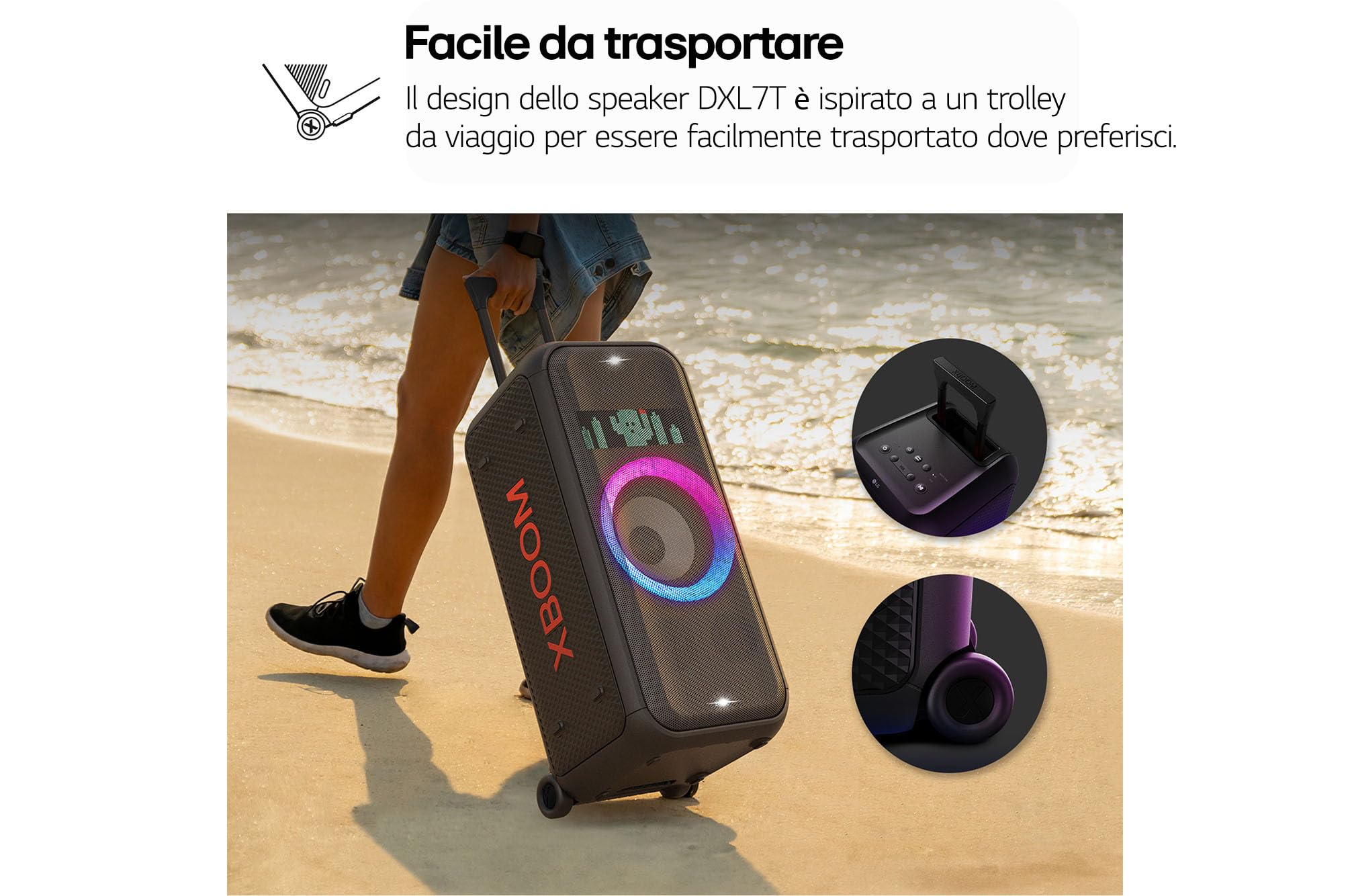 LG xboom, grande altoparlante Bluetooth con ruote, modalità Karaoke, wireless portatile con effetti luminosi, cassa impermeabile IPX4,Altoparlante portatile da 250W MAX, modello DXL7T