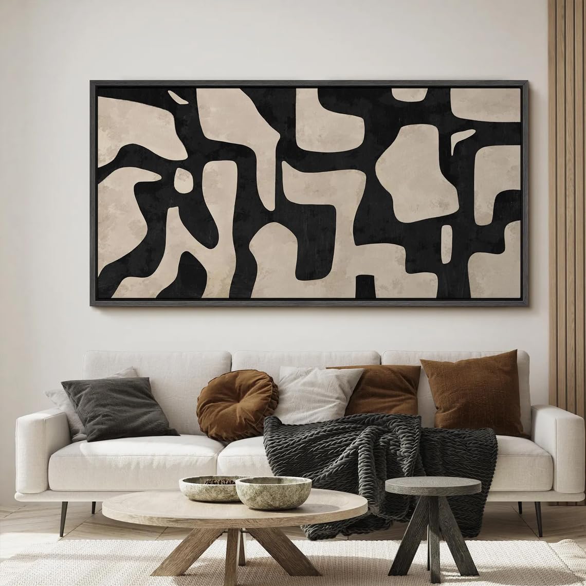 UUDEZO Duże, abstrakcyjne obrazy ścienne z czarnymi i beżowymi liniami do dekoracji ścian w salonie (100 x 200 cm) z czarną ramą