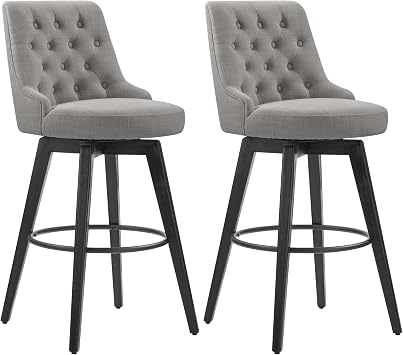 Watson & Whitely Swivel Bar Stools with Back, Fabric in Flint Grey | 30" H Bar Height Barstools, Set of 2, Solid Wood Legs