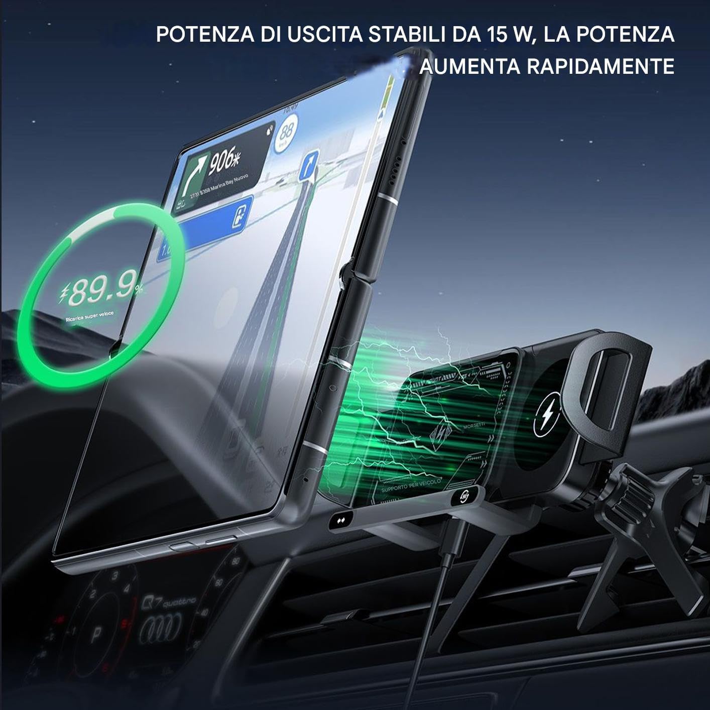 Caricatore Wireless Auto Supporto Telefono per Veicoli | Supporto Smartphone Piegevole, Ricarica 15W Doppia Bobina per Auto