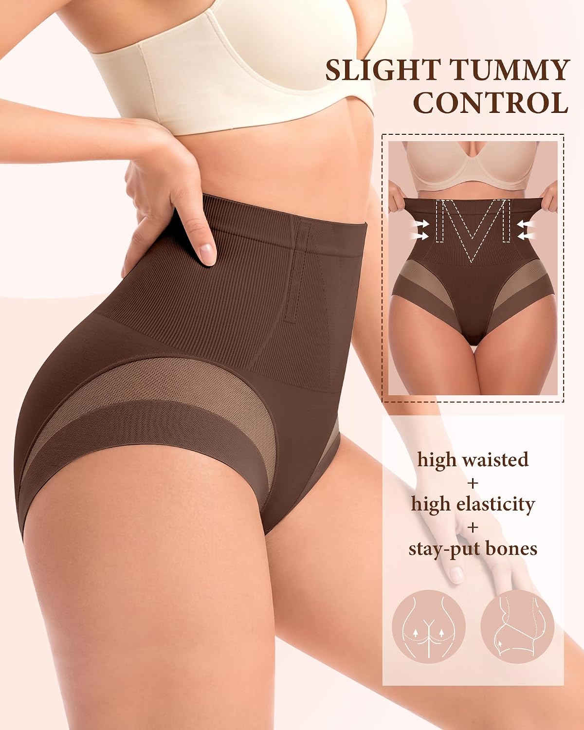 MEIYATING Women's High Waisted Tummy Control Underwear, Sexy Mesh Shaping Briefs, Ladies Shapewear Panties, 3 Pack