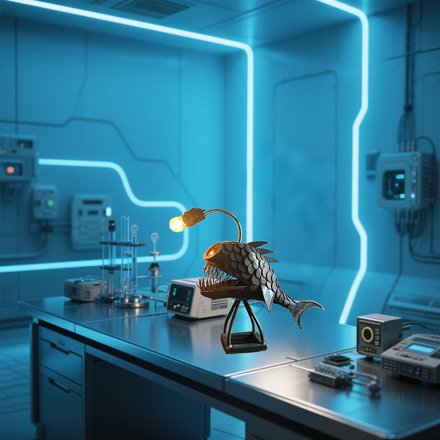 Steampunk Angler Light - Vintage Iron Handmade LED Night Light, Desktop Ornament for Bedroom, Fish Collecting Decor, Creative Silicone Animal Art