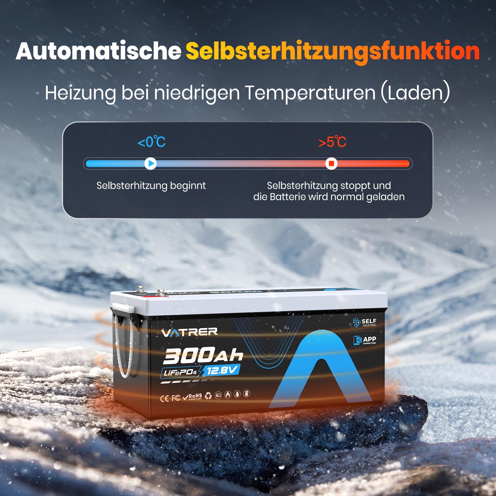 VATRER POWER 12V 300Ah Selbstaufheizende LiFePO4 RV- & Wohnmobil-Batterie, APP-Überwachung, integriertes 200A BMS, 3840 Wh nutzbare Energie, über 5000 Zyklen – Ideal für RV und Wohnmobil