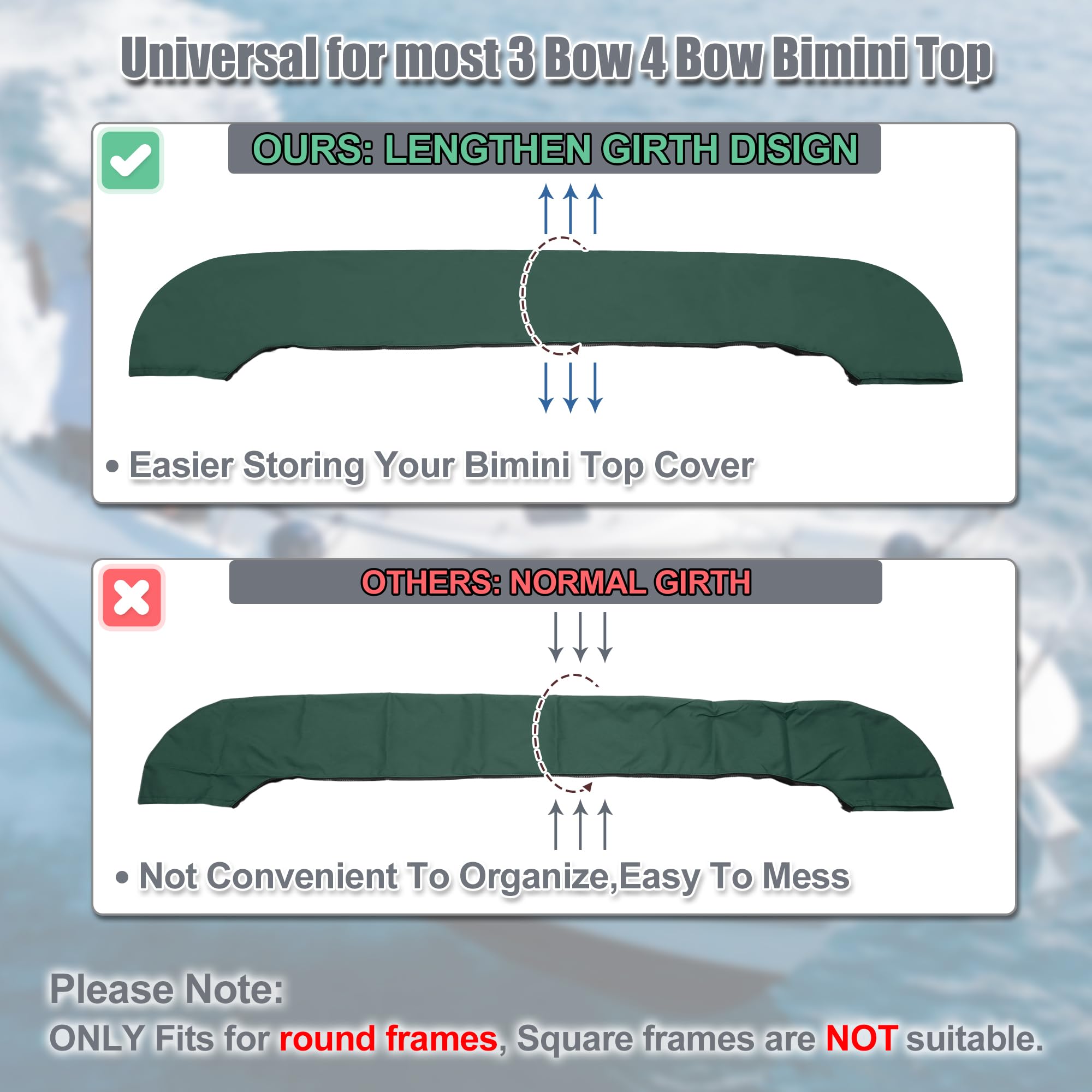 X AUTOHAUX Boat Bimini Top Storage Boot Green 85"-90" Width for 3 Bow 4 Bow - Image 3