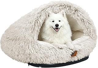 YooxArmor Round Covered Cat Bed Cave Dog Bed for Small Medium Pets,Brown,M | Cozy,Washable,Windproof,Hooded Cat Bed Cave,Self Warming Anti-Anxiety House with Fluffy Cover