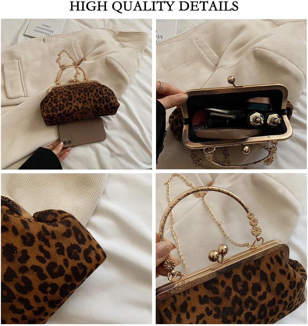Small Leopard Suede Evening Clutch Purse with Chain Cheetah Print Kiss Lock Evening Tote Handbag and Purse Clutch Bag - Image 5