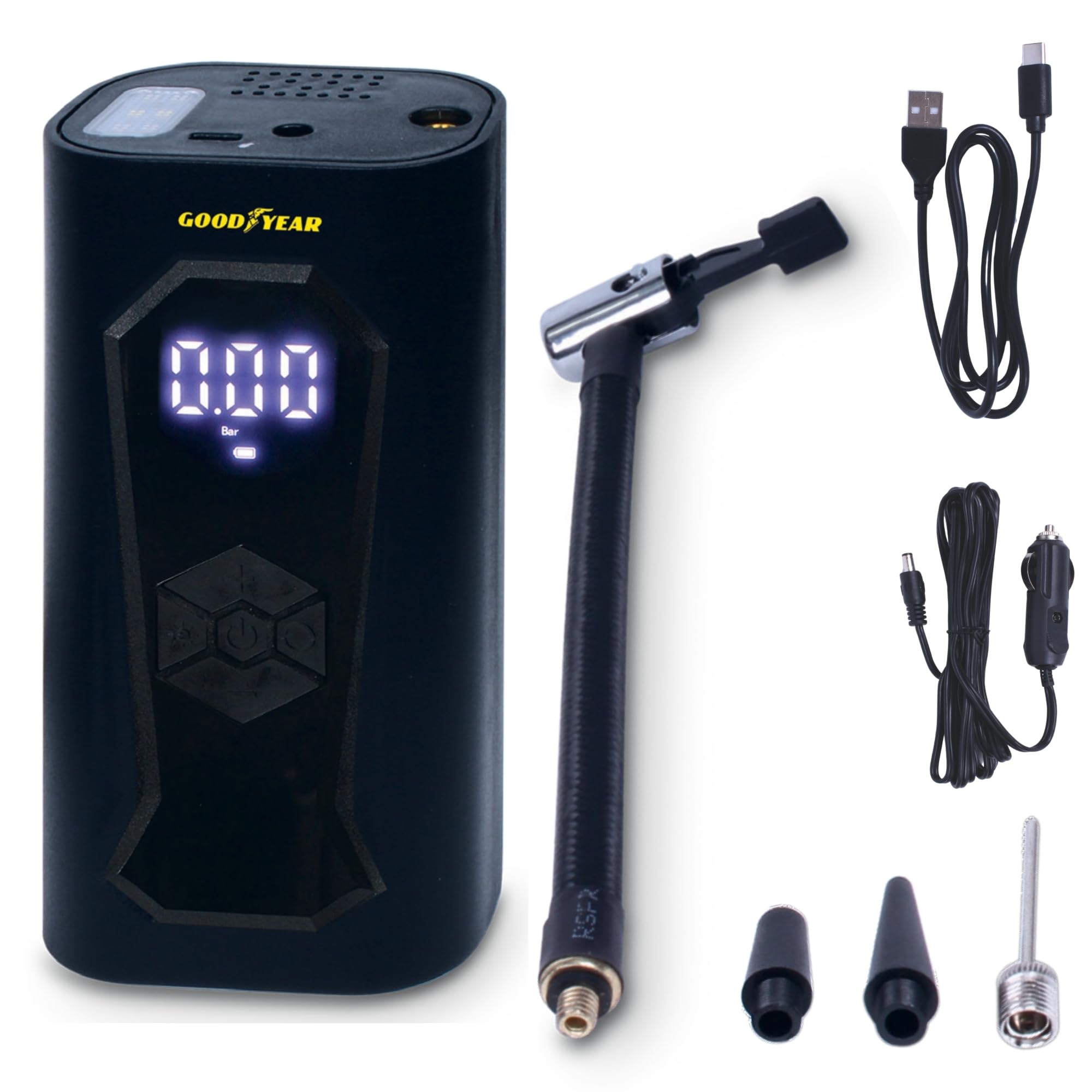 Goodyear, Compressore Portatile 5 in 1, Gonfiatore Wireless e Cavo 12V Accendisigari, Batteria 6000mAh, Display LCD 150 PSI, Power Bank, Torcia 6 LED, 5 Adattatori, Auto, Bici, Moto e Palla