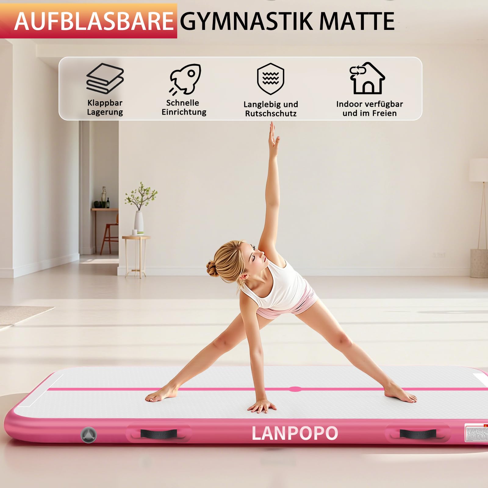 Airtrack Gymnastikmatte – Aufblasbare Turnmatte 2M/3M/4M/5M in Pink, Luftdicht, Weich Aber Stabil, Einfach Aufzubauen & zu Verstauen – Für Kinder, Zuhause, Yoga, Cheerleading & Wasserspaß