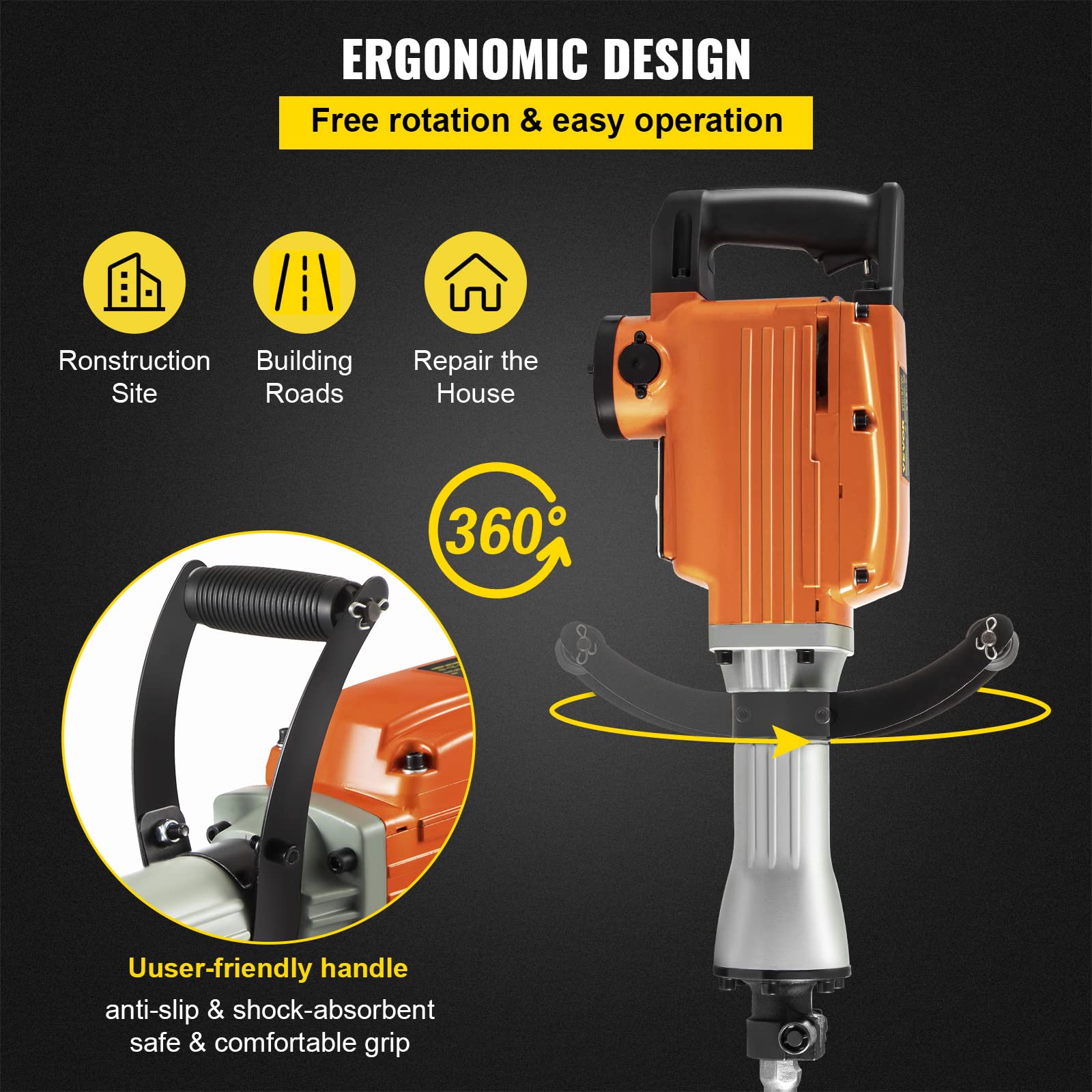 VEVOR Martello Demolitore Elettrico 1500W 65A Martello Demolitore con Impugnatura Ergonomica Rotante a 360° per Calcestruzzo, Mattoni, Stucchi di Piastrelle, Rimozione di Fondamenta di Alloggiamenti