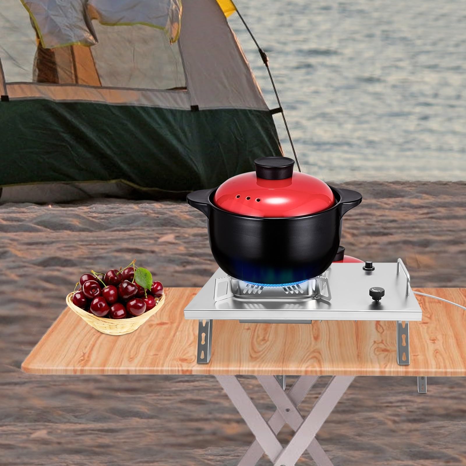 Réchaud à gaz de camping - 2600 W - En acier inoxydable et cuivre - Idéal pour le camping, les barbecues en plein air