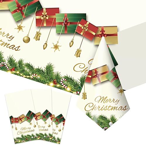 Mantel navideño desechable de plástico, 3 piezas de 54 x 108 pulgadas, mantel rectangular de vinilo blanco de Navidad con la frase "Merry