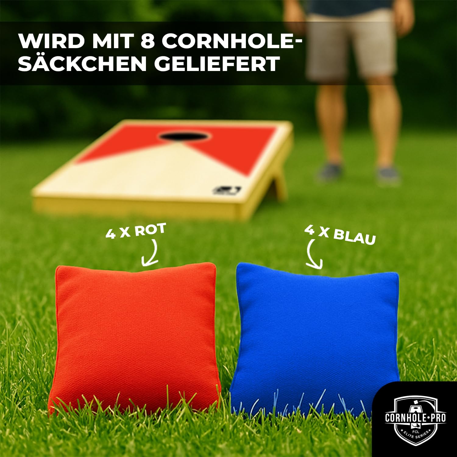 Cornhole Toss – Leicht & Faltbar aus Stoff 90×60 cm – Set mit 2 Boards + 8 Säcken + Tragetasche – Wurfspiel für draußen, Garten, Events – Original Corner