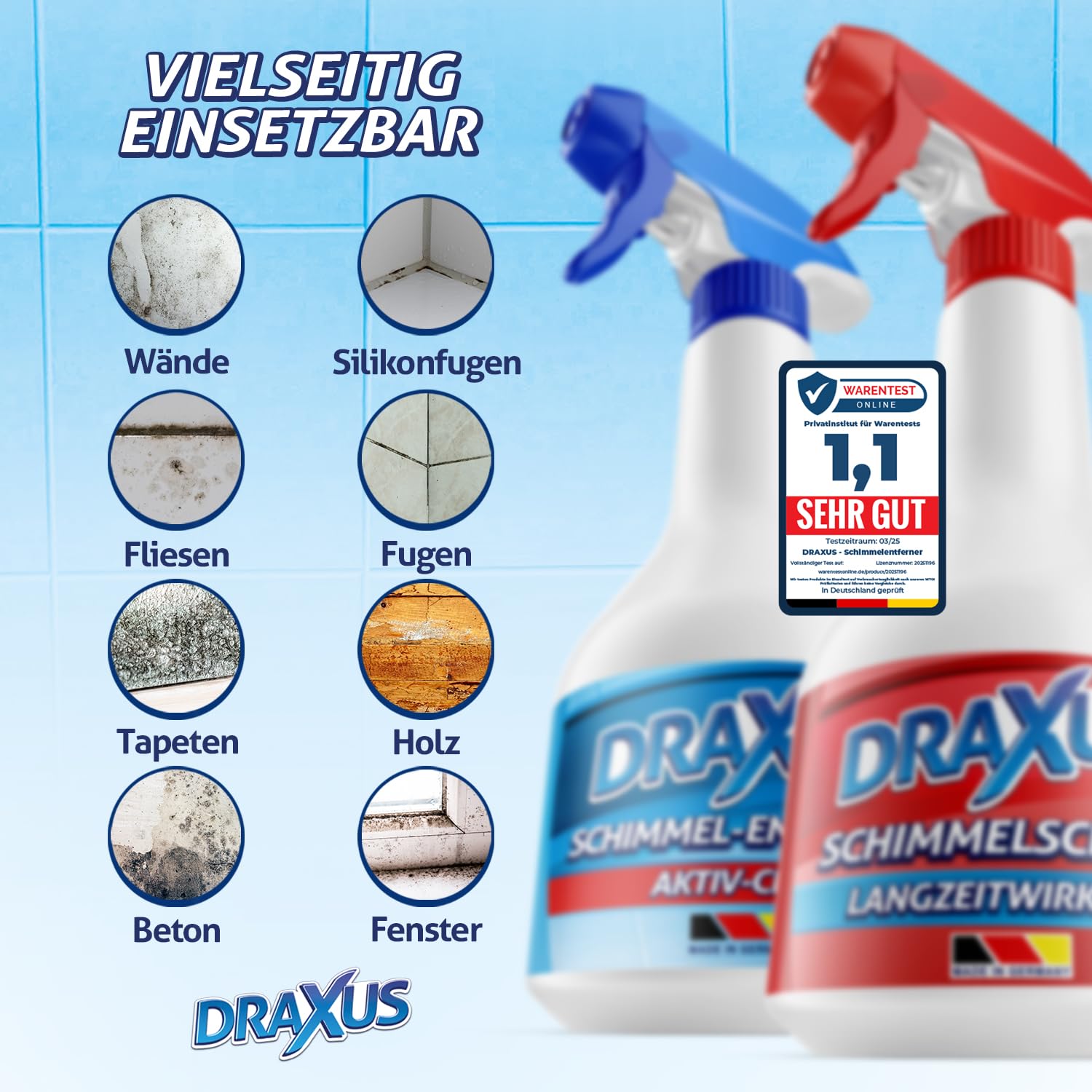 DRAXUS Schimmelstop Set I Schimmelentferner mit Hafteffekt + Schimmelschutz Spray I Schimmel vernichten & Neubefall stoppen I Bis zu 24 Monate Langzeitschutz I 2x 500 ml