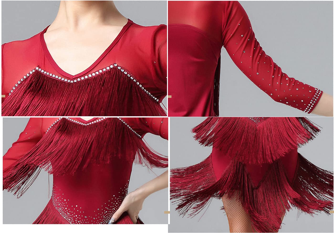 Abiti da Ballo Latino con Frange Donne con Scollo A V Manica A 3/4 Abito da Concorso Latino Sala da Ballo Salsa Samba Cha Cha Gonna Flamenco Dress Vestito di Performance