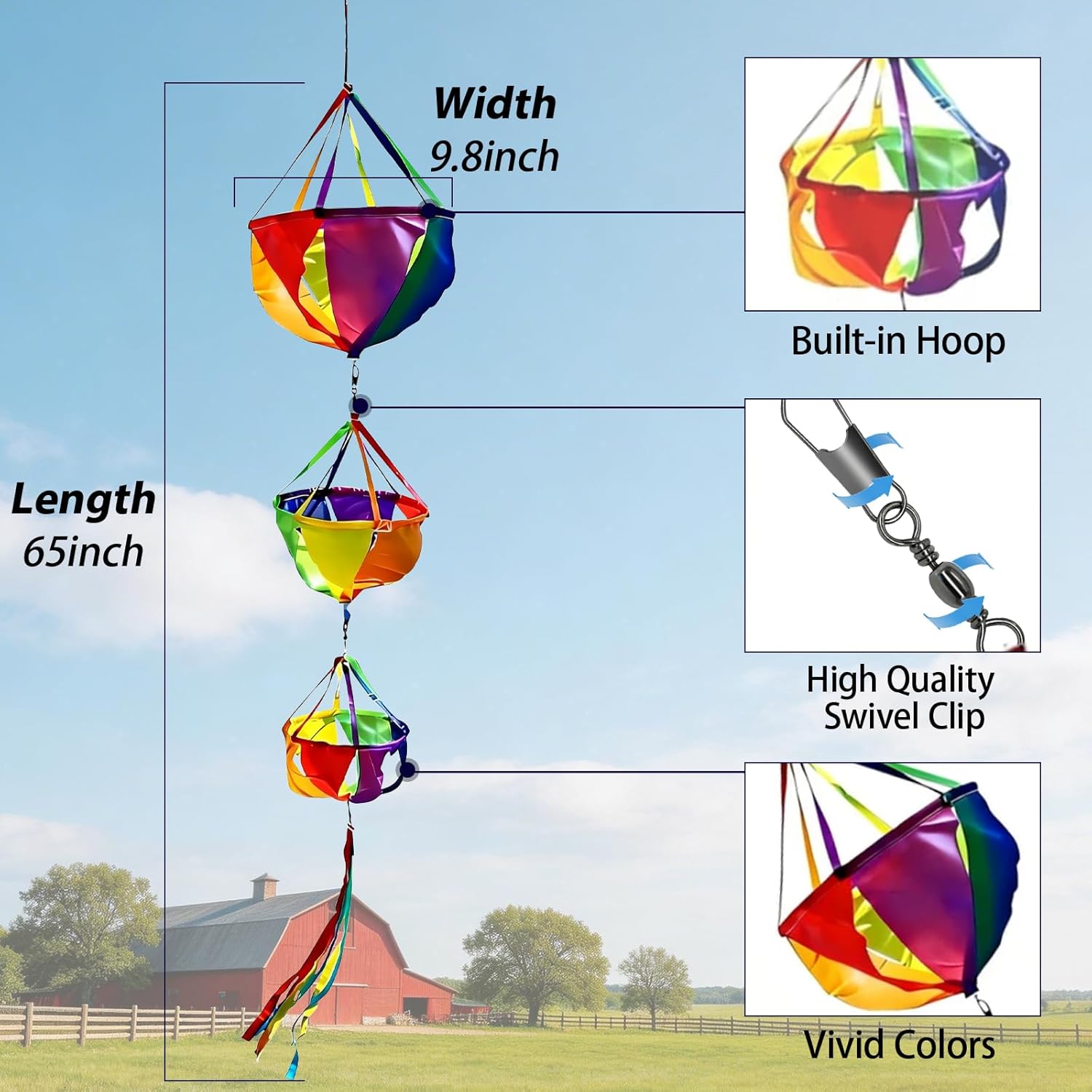 9KM DWLIFE Windsocks Wind Twister Spinners Rainbow Kite Tails Wind Spinners 62" Waterproof UV Resistant Ripstop Nylon, Colorful Garden Yard Balcony Porch Camping Decoration