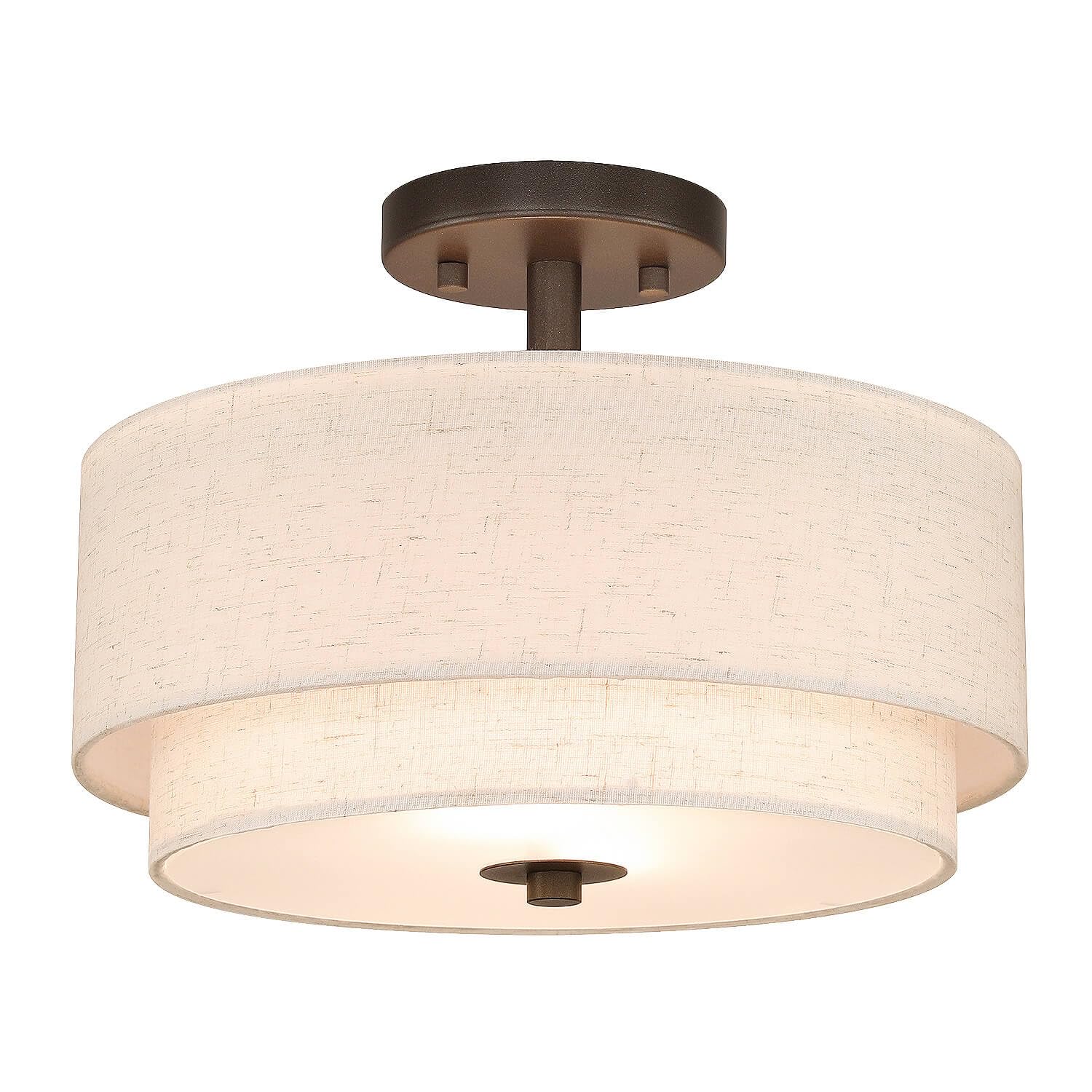 XiNBEi Semi Flush Mount Ceiling Light 2-Light, Dark Bronze Close to Ceiling Light Modern Dual Drum Chandelier with Fabric Linen Shade for Hallway Bedroom Kitchen NL-SF1289-13DB