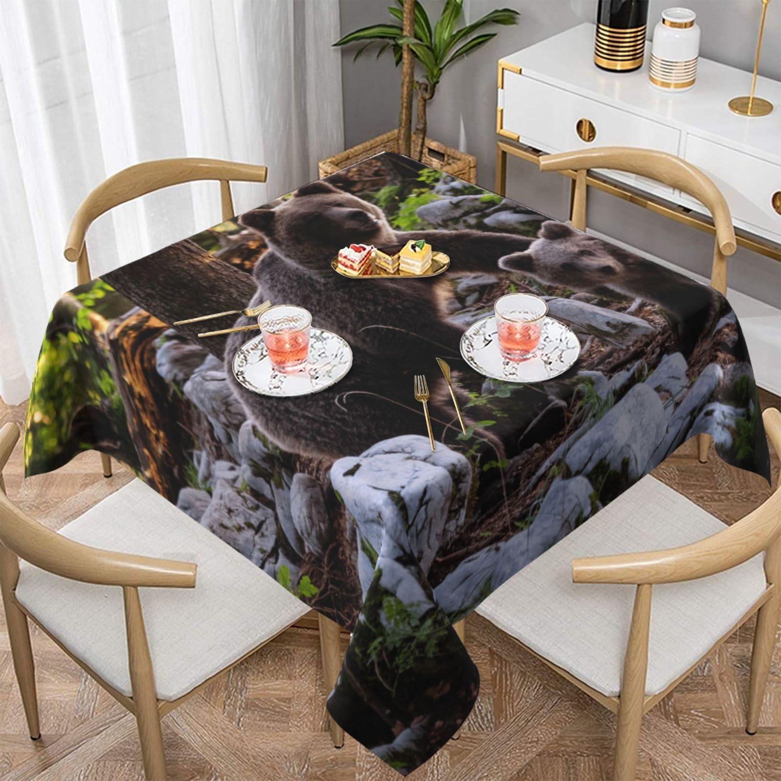 DCEHGEW Bear Prints Square Tablecloth 137x137 CM, Waterproof Fabric Table Cloth for Dining Table, Farmhouse Table Cover for Kitchen Dining Tabletop Decoration