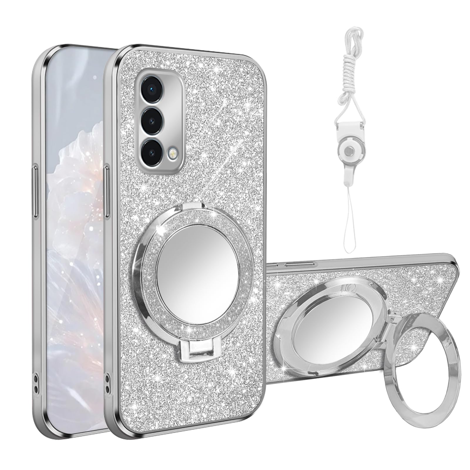 for OnePlus Nord N200 5G Case [MagSafe Compatible] Glitter Card Clear Back Cover with Ring Kickstand, Lanyard, Mirror Soft TPU Protective Cover for OnePlus N200 5G Phone Case, Silver