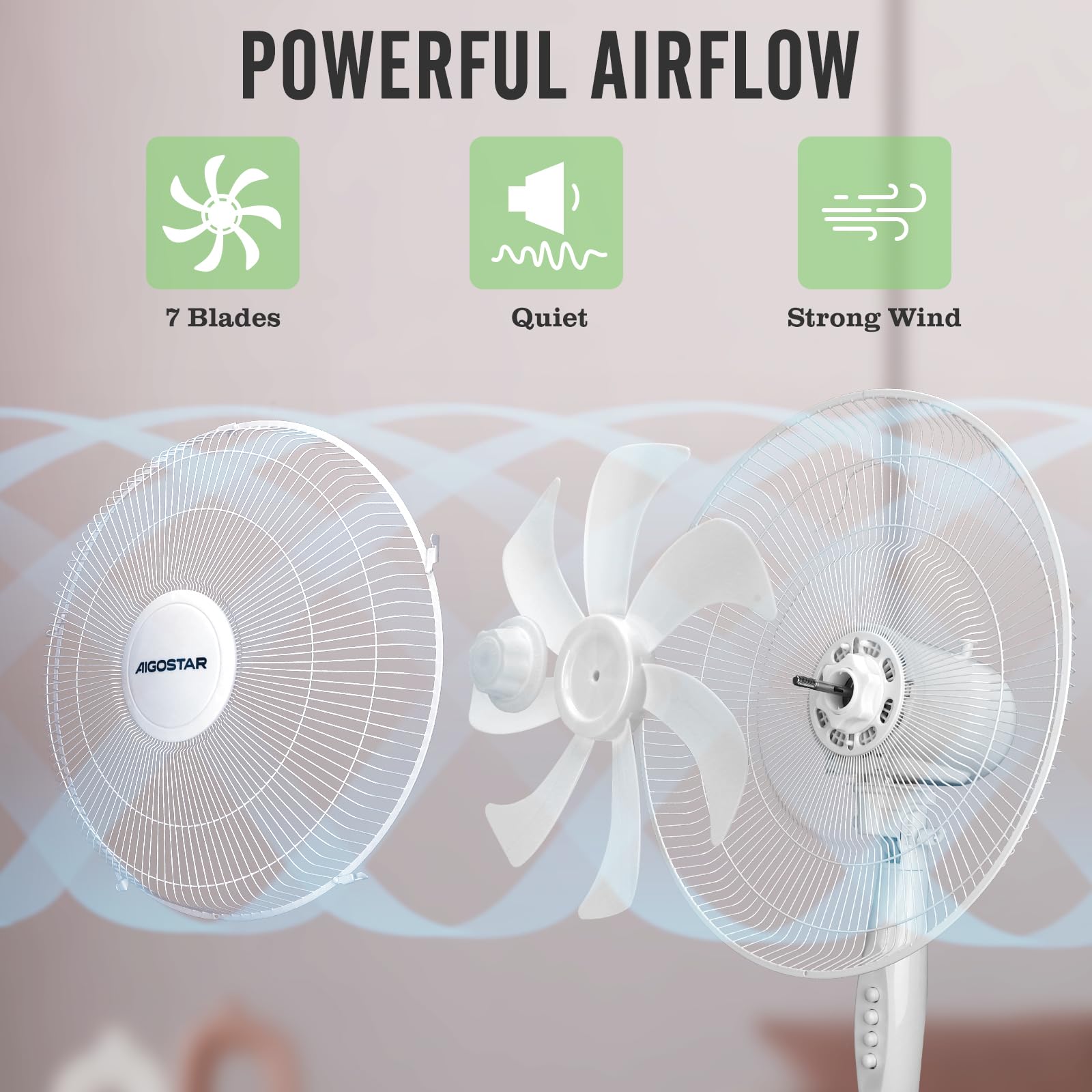 Aigostar Erika - Ventilatore a Piantana Silenzioso 55W,Bianco | Fan con 7 pale, diametro 41 cm, 3 velocità, oscillazione, altezza regolabile 108-130 cm