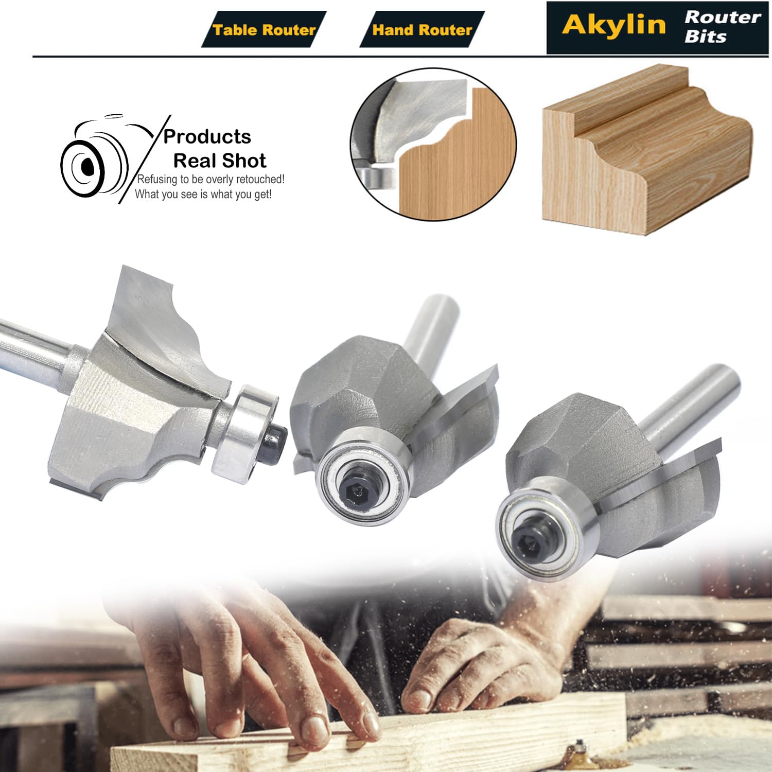 Snapklik.com : Akylin 3Pcs Wavy Edge Molding Router Bits,1/4