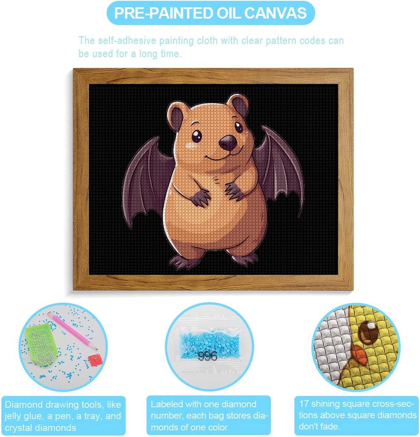 Chibi Wombat with Bat Wings Printed Diamond 5D Painting Kits DIY Full Drill Crafts for Home Wall Decor 16x20 Inch Yellow Wood 50 * 40cm