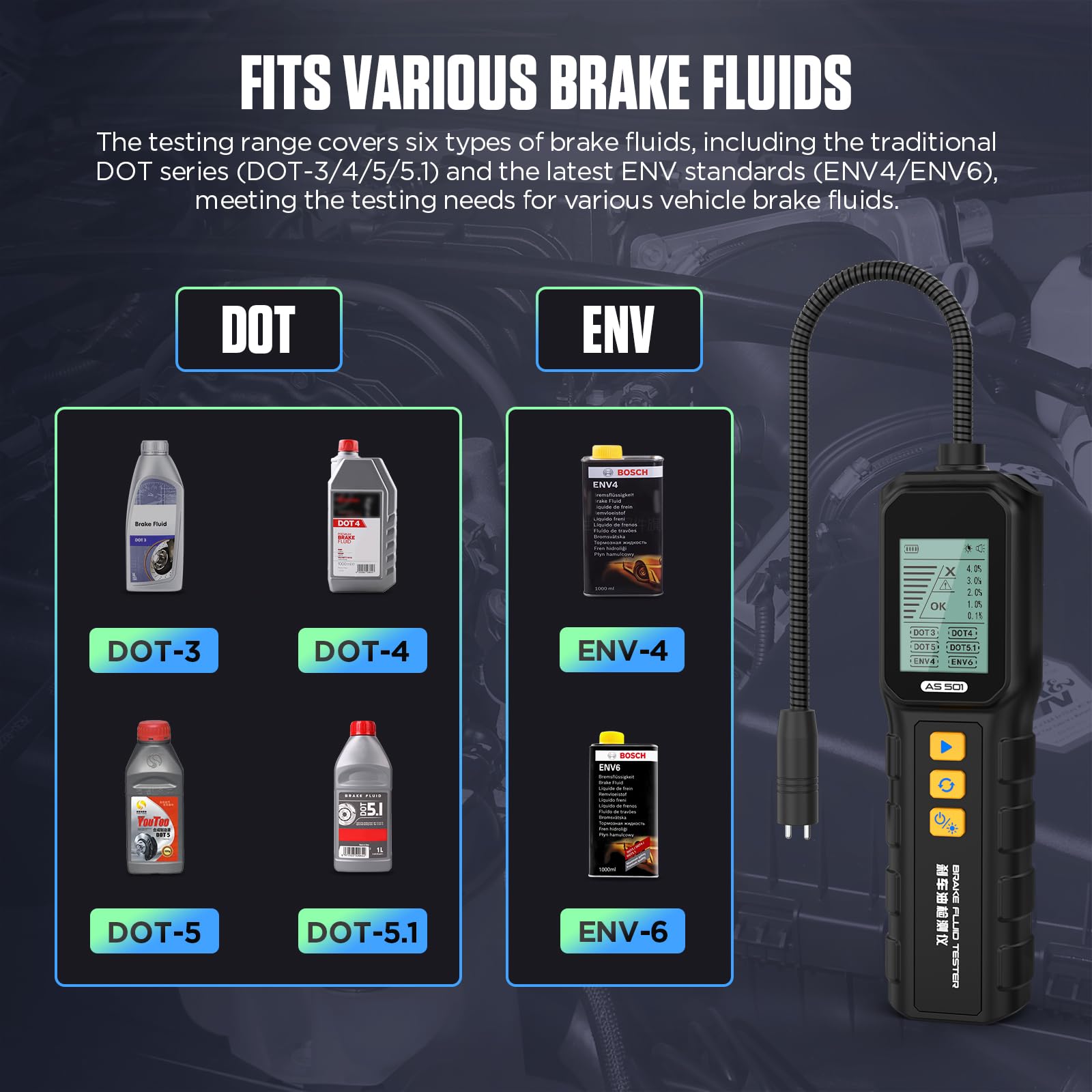 AS501Tester Universale per Liquido dei Freni, per Auto, Test per DOT3, DOT4, DOT5, DOT5.1, ENV-4, ENV-6 con Display retroilluminato ad Alta Definizione