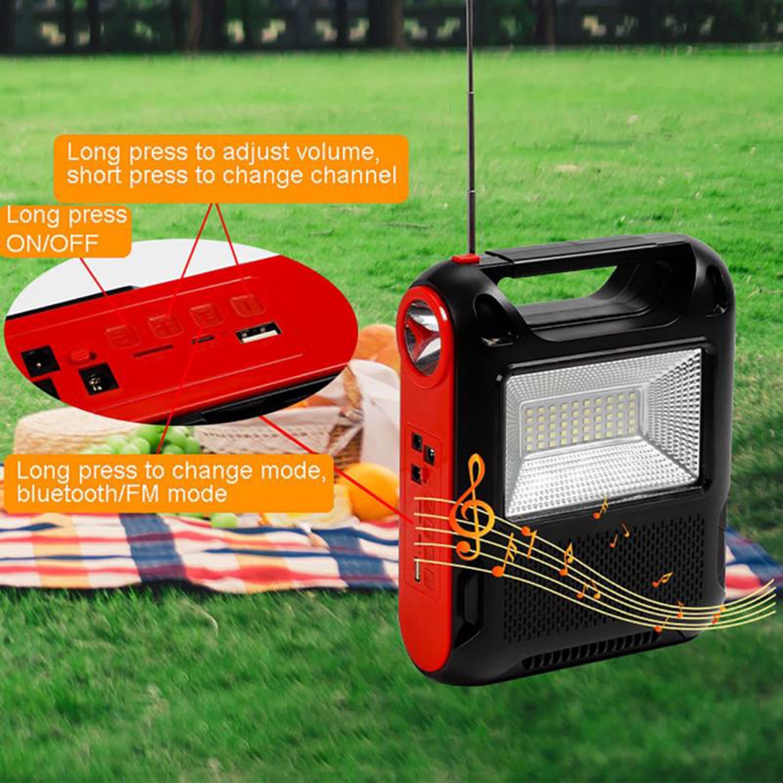 Radio Solaire Haut Parleur Bluetooth - Portable Camping, Connexion Ampoule 5W, USB/TF Lecteur, Lampe Poche Rechargeable Batterie 3600 mAh,1 Bulb