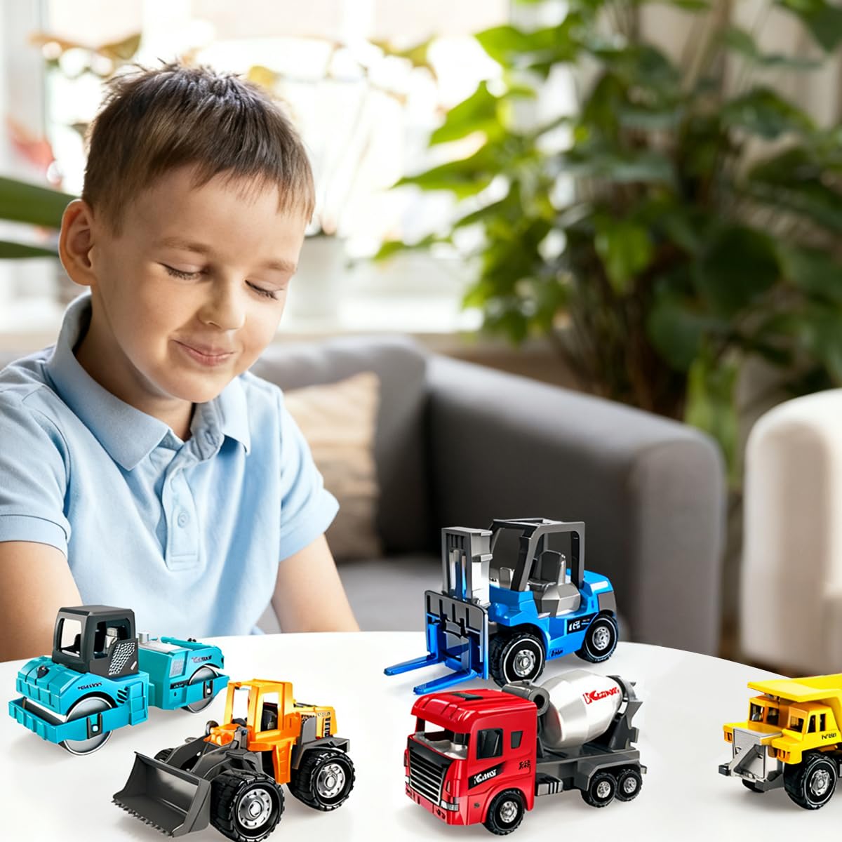 Camiones de Construcción Juguetes, 6PCS Camiones Juguetes, Mini Coches Vehículos de Construcción, Set de Vehículos Push and Go con Grúa, Excavadora, Educación Regalos