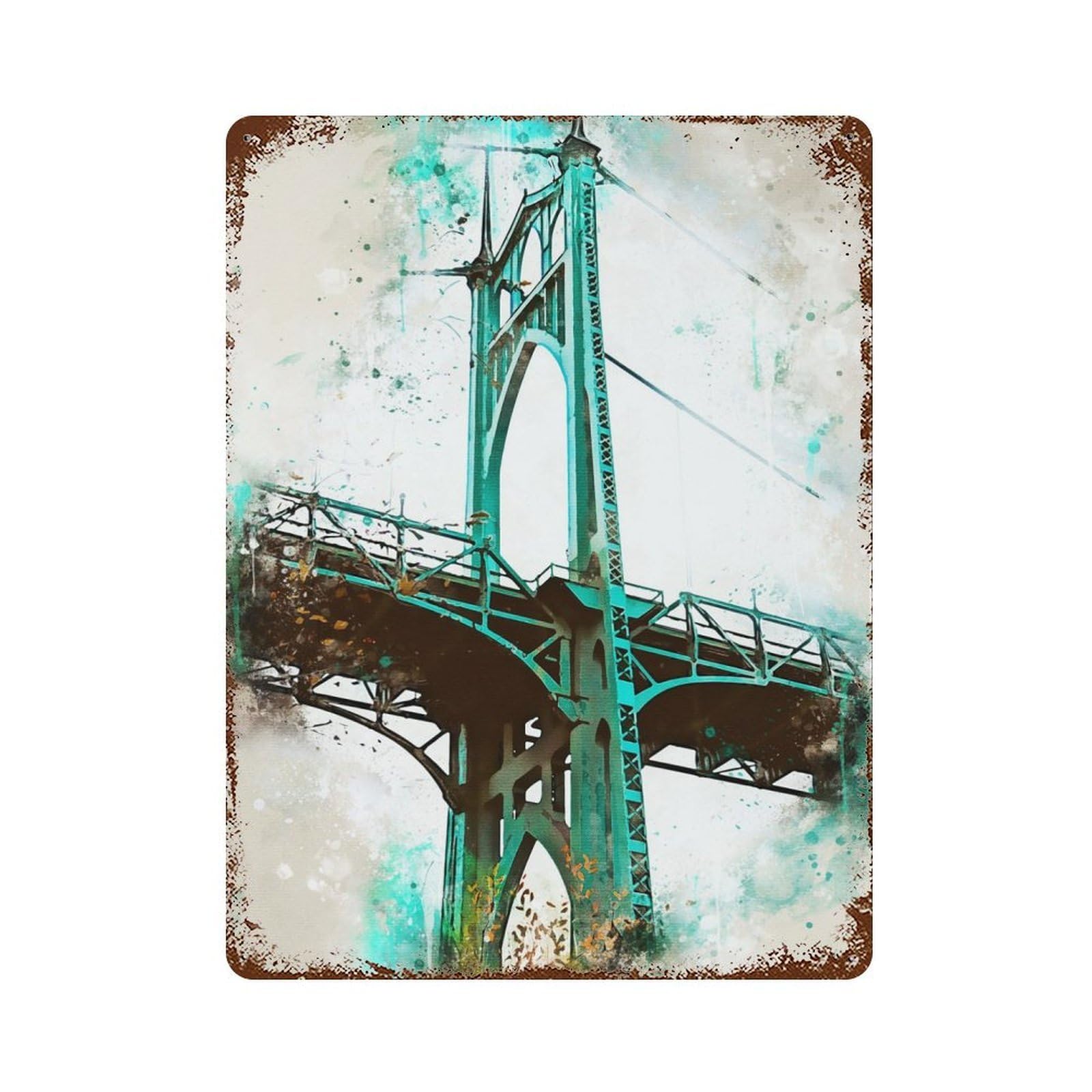 Vintage Rust Metal Sign with Portland Bridge Watercolor Design 15.7"x11.8", for Garage, Bar And Workshop Decor, Retro Wall Decor