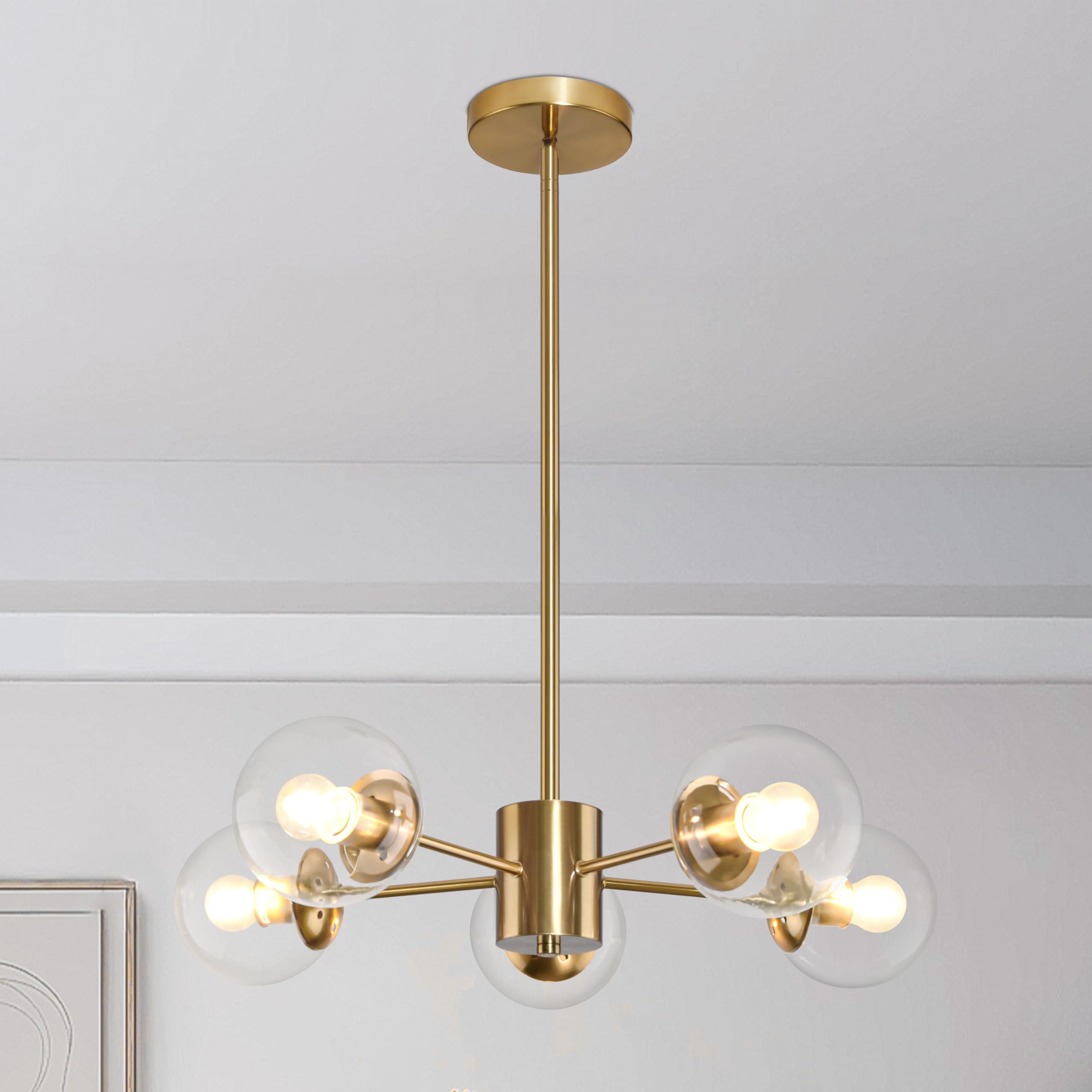 Photo 1 of Bagood 5-Light Globe Sputnik Chandelier Gold Mid Century Sputnik Chandeliers Dimmable Globe Pendant Light Brushed Brass Finished with Clear Glass Lampshade Chandeliers for Dining Room Bedroom