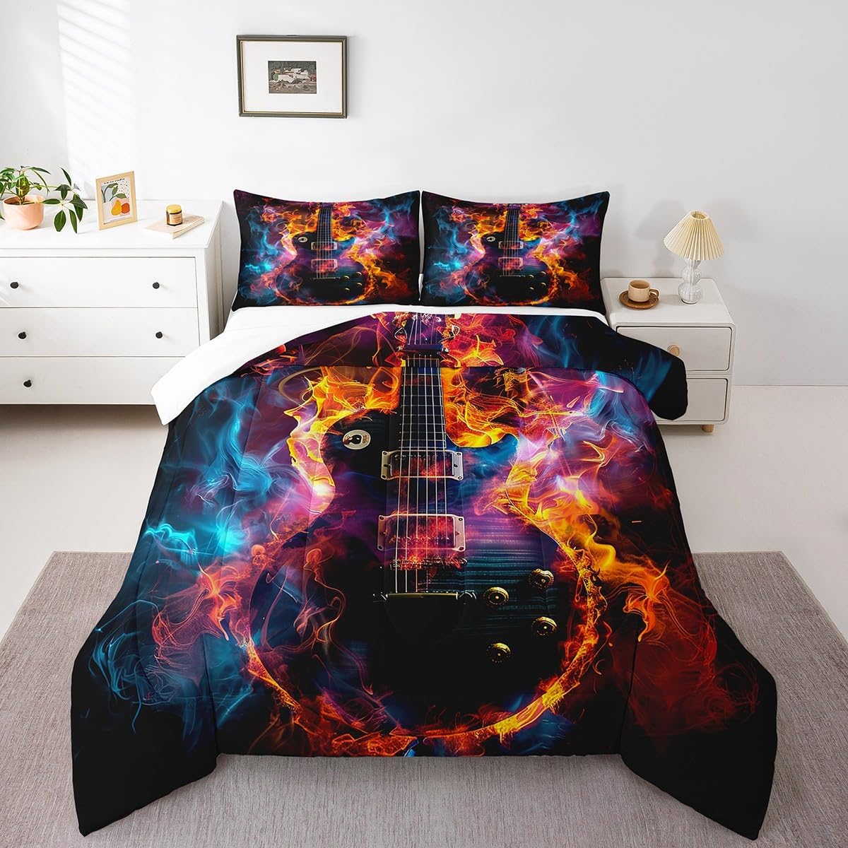 Rock Guitar Full Size Comforter Set,Blue Red Fire Bedding Set for Adults Teens,Children Electric Guitar Comforter Luxury Music Theme Quilt Set Room Decor 3Pcs
