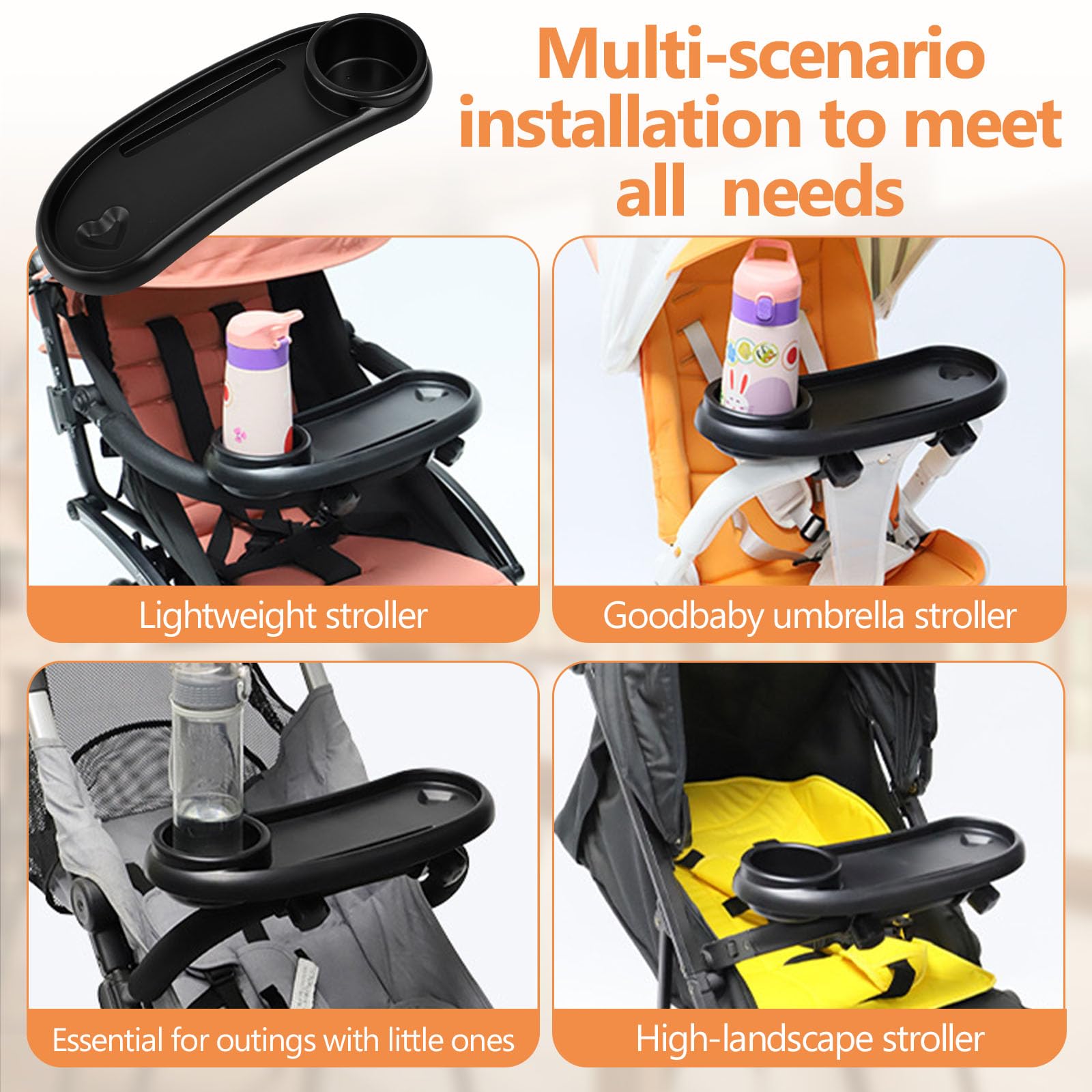 Bandeja para Cochecito de Bebe, 3 en 1 Bandeja para Carrito Bebe para Aperitivos, Organizador de Cochecito con 2 Ganchos, Giratorio 360° Soporte para Cochecitos Bebe, Portabebidas para Carrito