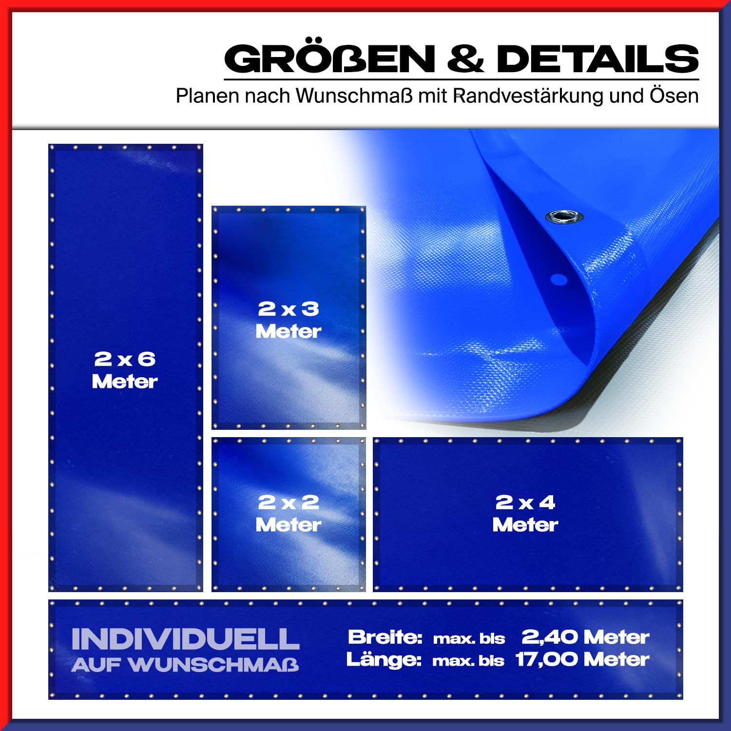 Abdeckplane nach Maß I Breite bis 2,40 m x Länge bis 17m I mit Ösen Ø 10mm und Abstand je 25cm I PVC LKW Plane in 15 Farben auf Wunschmaß I Gewebeplane I Sonnensegel I Tarp I mit Randverstärkung