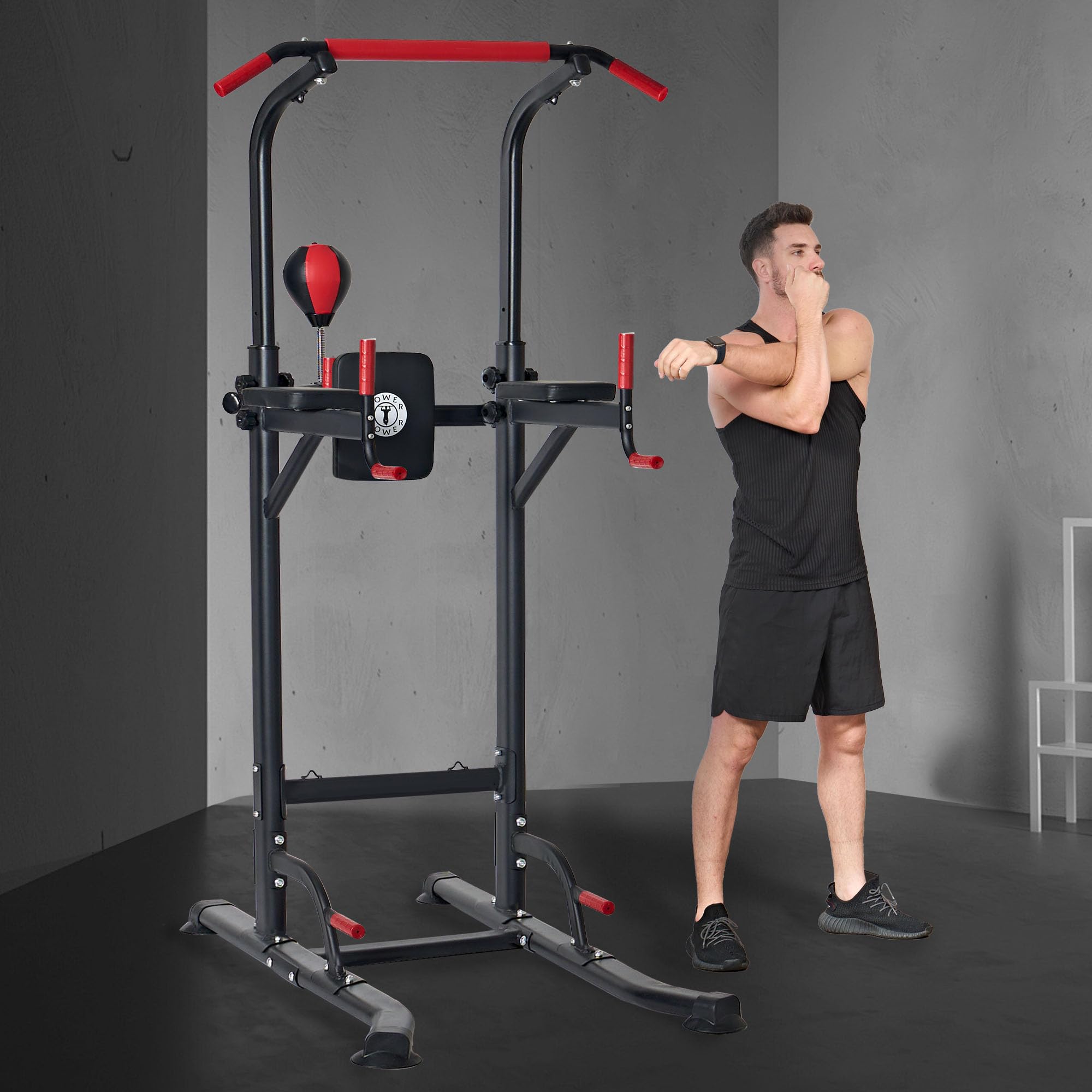 sogesfurniture Power Tower, Dip Station, estación de fuerza multifuncional con barra de dominadas y asas para flexiones, pelota de boxeo, altura regulable de 188 – 230 cm