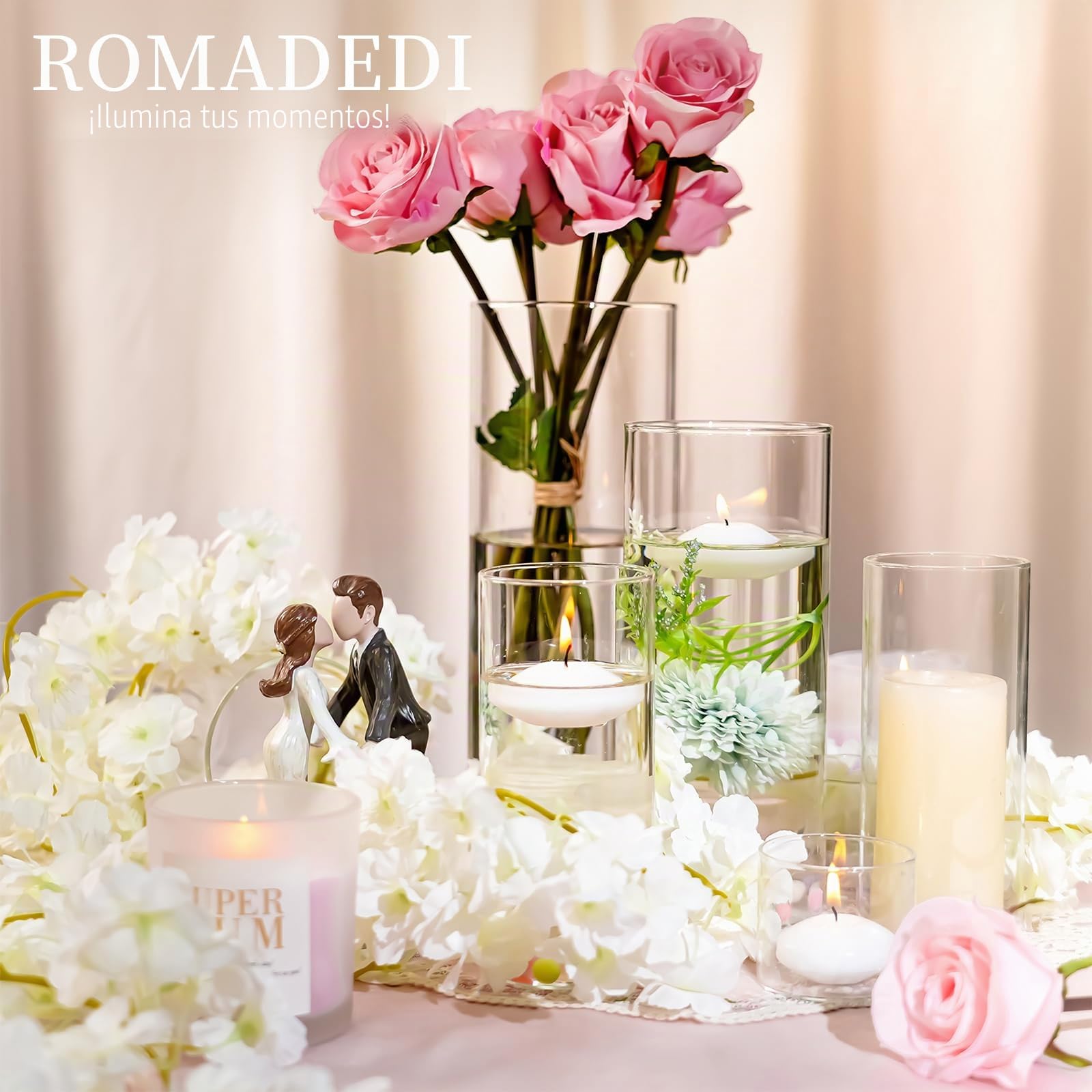 Romadedi Portavelas de cristal para mesa, juego de 6 cilindros de cristal transparente, 15/20/25 cm | Tarros para velas flotantes, para boda, comedor, fiesta, sala de estar, exterior