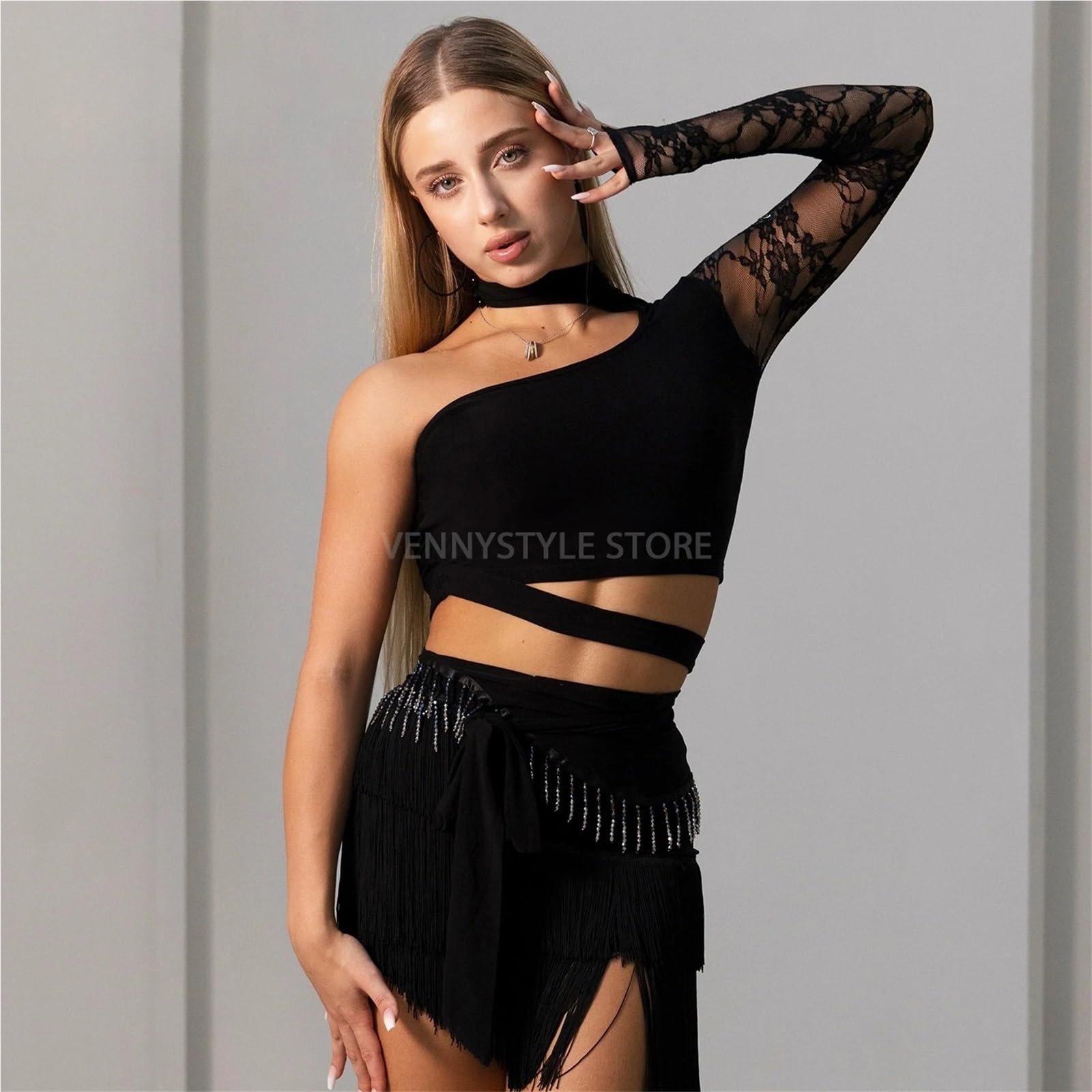 Latin Dance Dress For Women Lace Insert Top With Fringe Short Skirt Elegant Practice Set