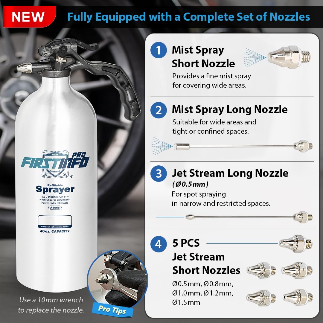 FIRSTINFO Kit de Vaporisateur Rechargeable pour Nettoyant Freins, Réservoir en Aluminium Non Aérosol 1,2 L pour Solvants et Dégraissants, Conception sous Pression avec Kit Multi-Buses, A1665K