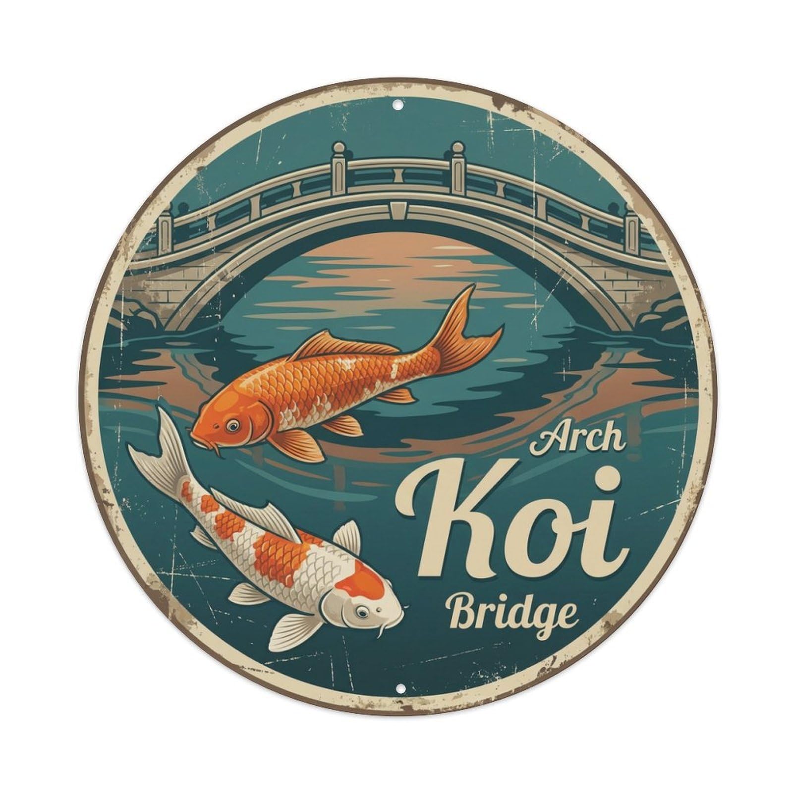 Metal Tin Sign Koi Fish Arch Bridge Japan Art