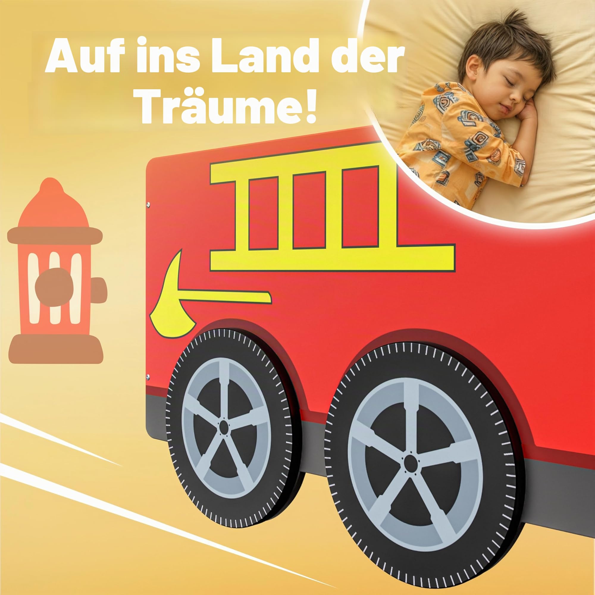 CASARIA Kinderbett 90 x 200 cm mit Rausfallschutz Lattenrost 120 kg | Bis 120 kg belastbar, stabiles MDF-Verbundholz, mit Echtlicht Sirene, 3D Lenkrad, Feuerwehr-, Jugend-, Auto- Bett