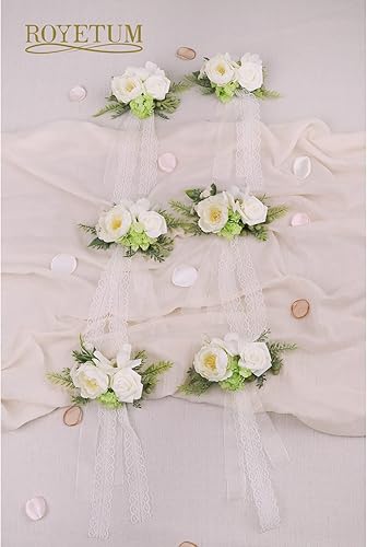 Miniatura 3 de Juego de 6 pulseras de ramillete de graduación, hechas a mano con rosas artificiales blancas y verdes, para decoración de boda, ceremonia,