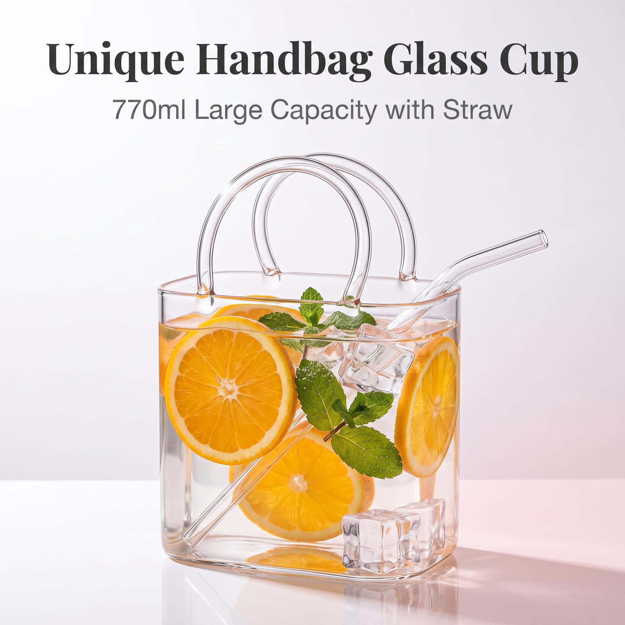 Verre Sac à Main avec Paille, 770ml Verre Cocktail Forme de Sac à Main, Grand Verre Transparent pour Jus, Thé, Café, Smoothie et Composition Florale pour Maison, Bureau et Fête