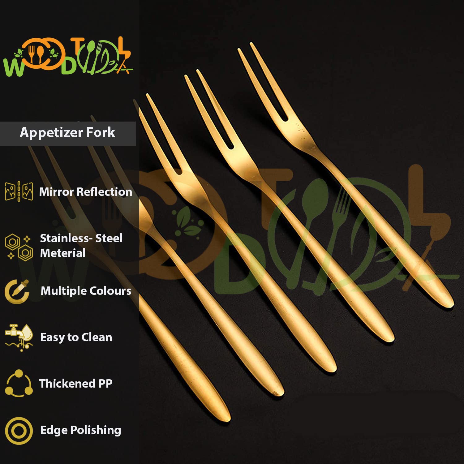 WOODTULA Stainless Steel Mini Salad, Dessert, Appetizer & Fruit Fork Set - Cocktail Fork - 10pc Gold Set 1