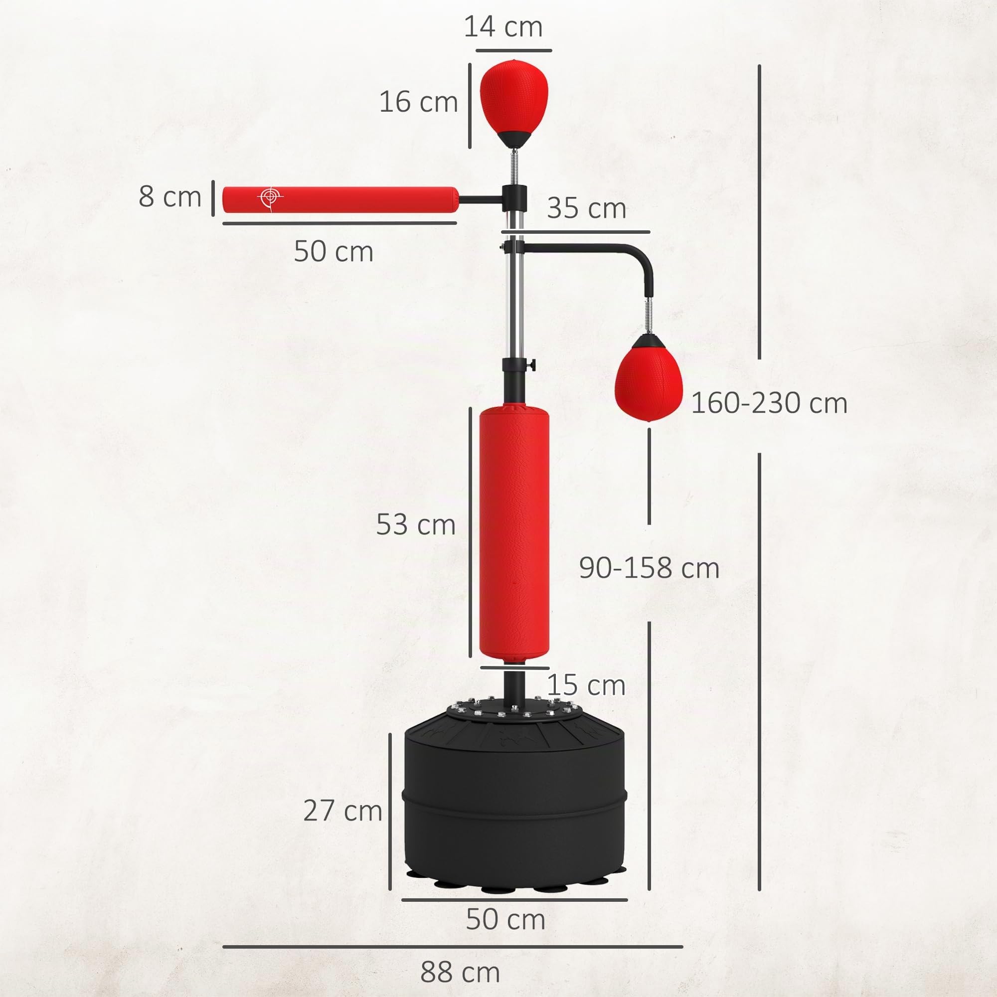 HOMCOM Sacco da Boxe da Terra 4 in 1, Sacco per Pugilato da Terra con 2 Speedball, Barra Girevole per Riflessi, Altezza Regolabile da 160-230cm, per Palestra Casa MMA Thai Adulti