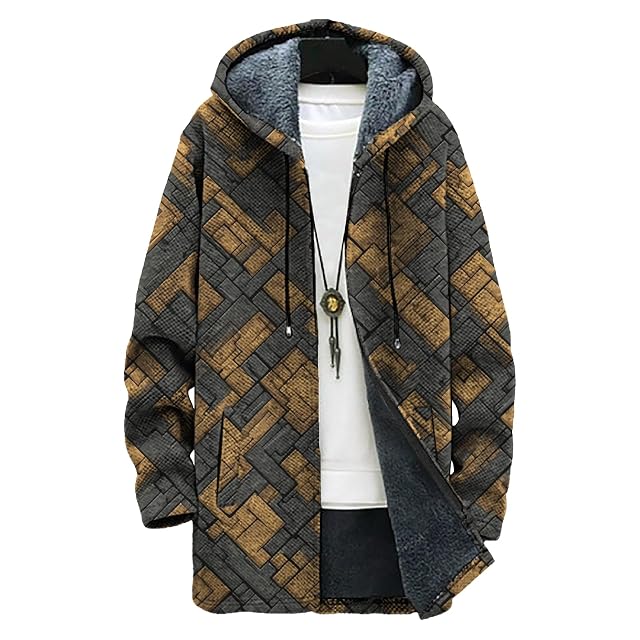 Mens Vintage Ethnic Print Fleece Lined Full-Zip Jacket Big and Tall Comfy Daily Vacation Travel Coat