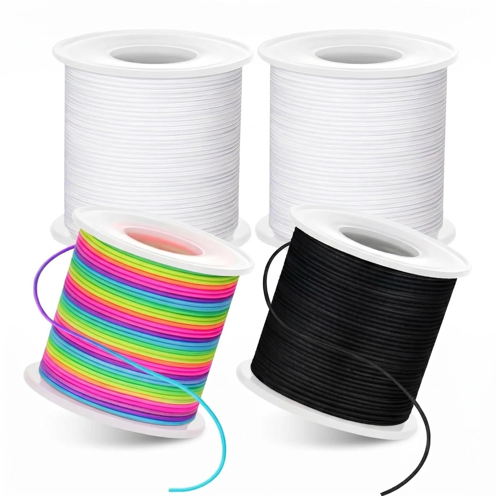 1mm Elastic String for Bracelets, 200m,4 Rolls (2 White+1 Rainbow+1 Black)