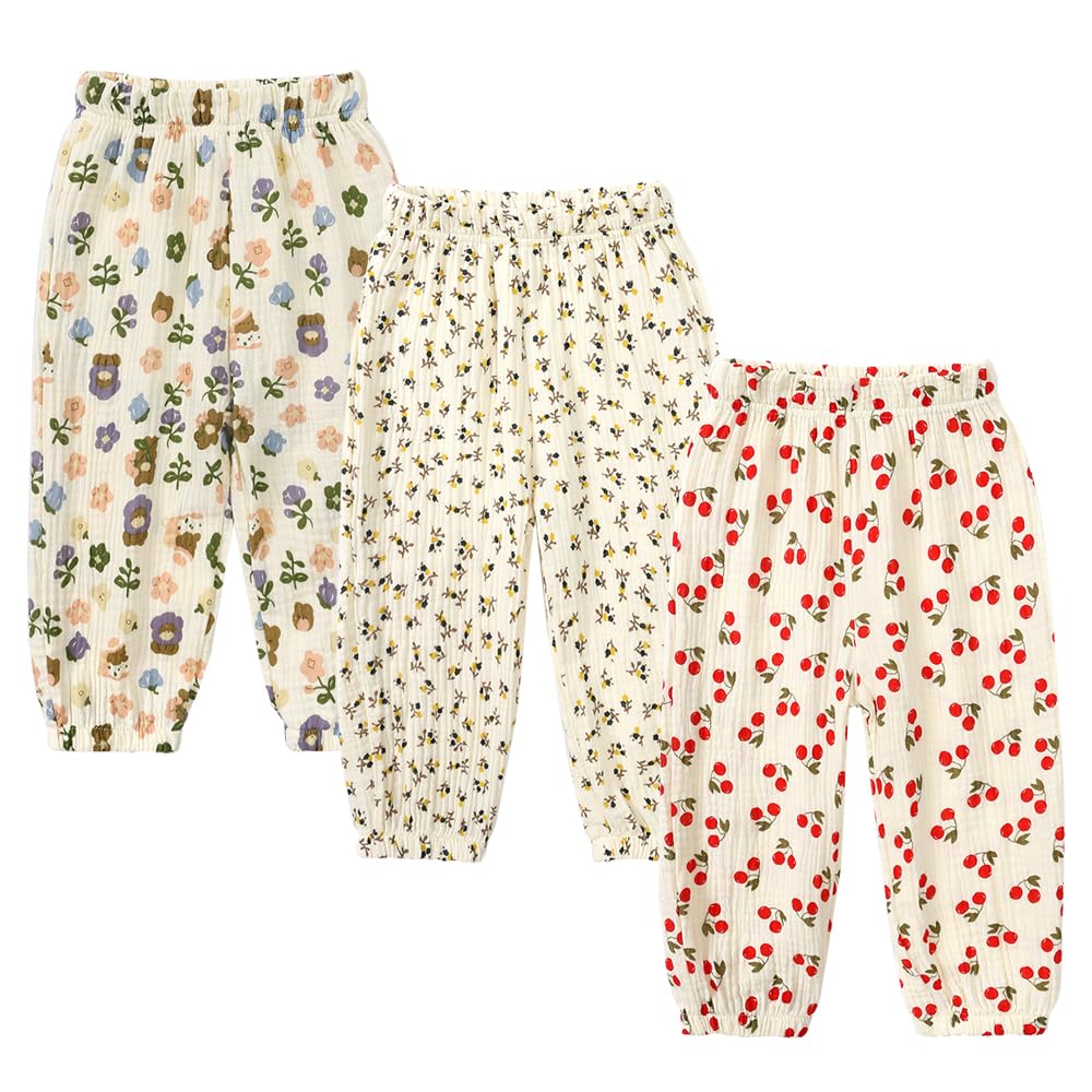 Kids Tales 3 Pack Boys Girls Cotton Linen Pants Child Basic Plain Solid Trousers Big Kids Elastic Waist Long Pants Bloomers