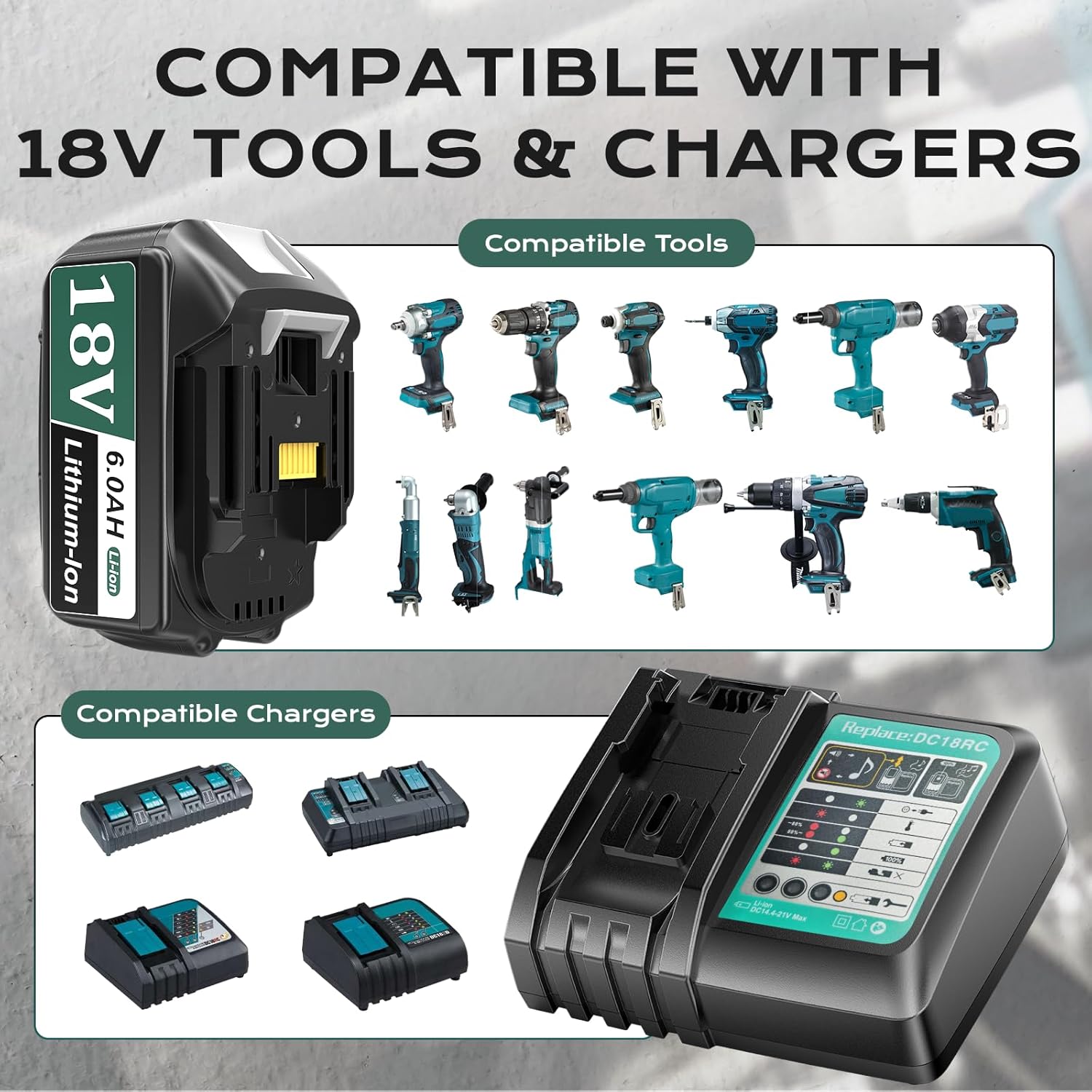 6.0Ah Battery Replacement for Makita 18V Battery Compatible with Makita 18 Volt Battery BL1860B BL1850B BL1840B BL1830B Batteries Fit with Makita 18V Battery Chargers (2PACK+Charger) - Image 2