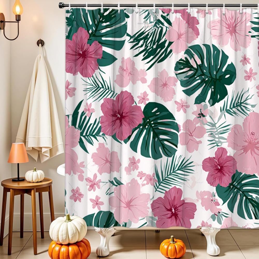 GLWDMB 1 Piece 180x200CM Pink Hibiscus and Green Palm Leaves Printed Shower Curtain With Hook, Polyester, for Windows And Walls, Bathtub, Bathroom, Machine Washable, All Season Universal