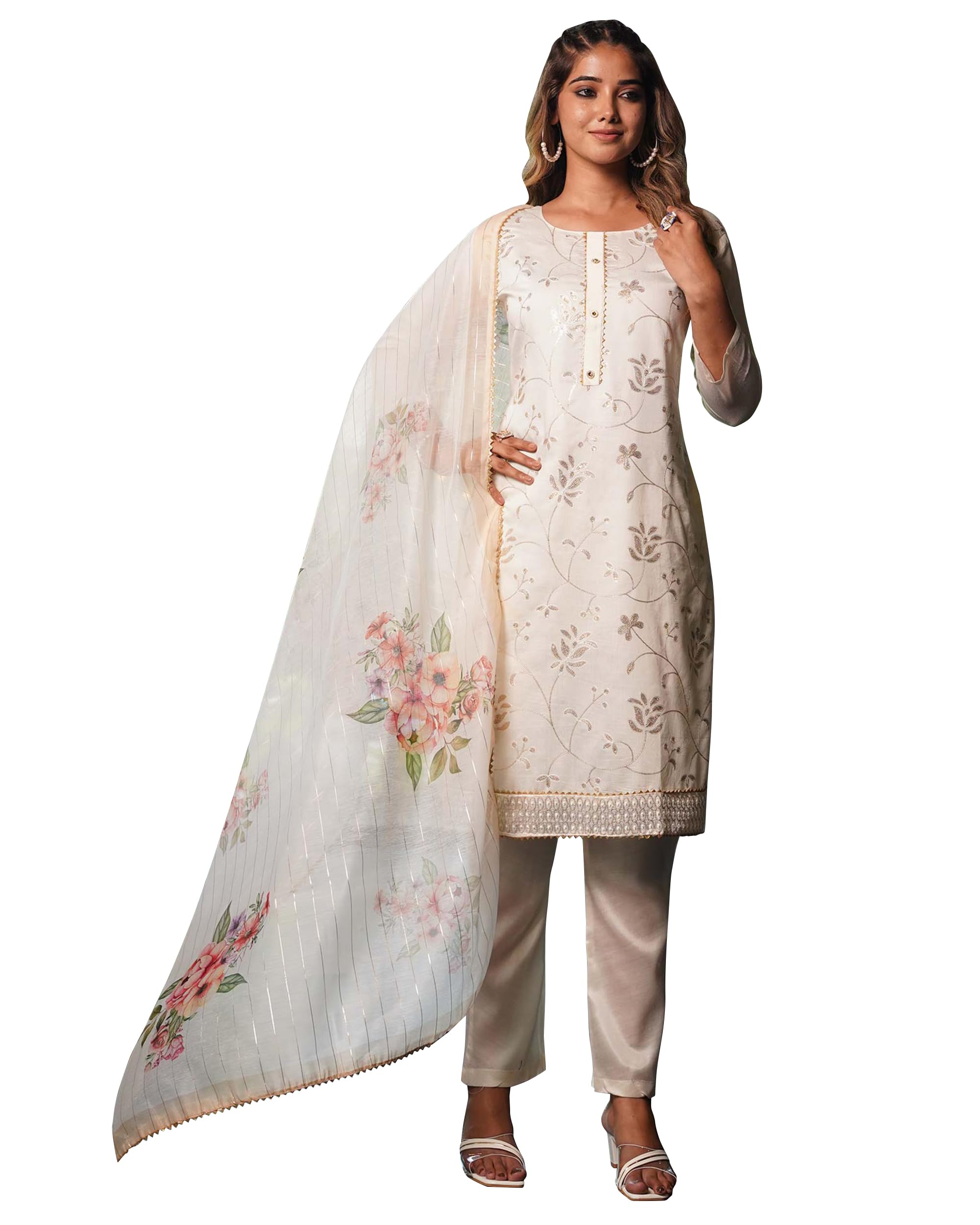 PeachmodeWhite Sequins Embroidered Chanderi Straight Kurta Set